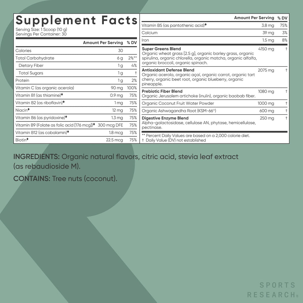 Sports Research® Organic Greens Superfood Powder w/Spirulina & Chlorella, Adaptogens, Enzymes, Probiotics & 8 VIT Bs for Gut & Mood Support* - Vegan, Sugar-Free & Low-Cal Original 30 Servings