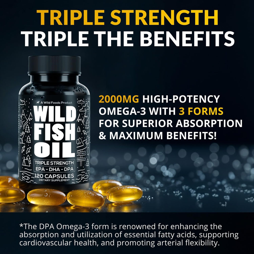Wild Foods Omega 3 Fish Oil Supplement, 120 Capsules (2 pk) | Wild Caught, Burpless, Odorless, Non-GMO, Gluten Free | DPA, DHA, EPA Triple Strength Joint Nutrition for Women & Men