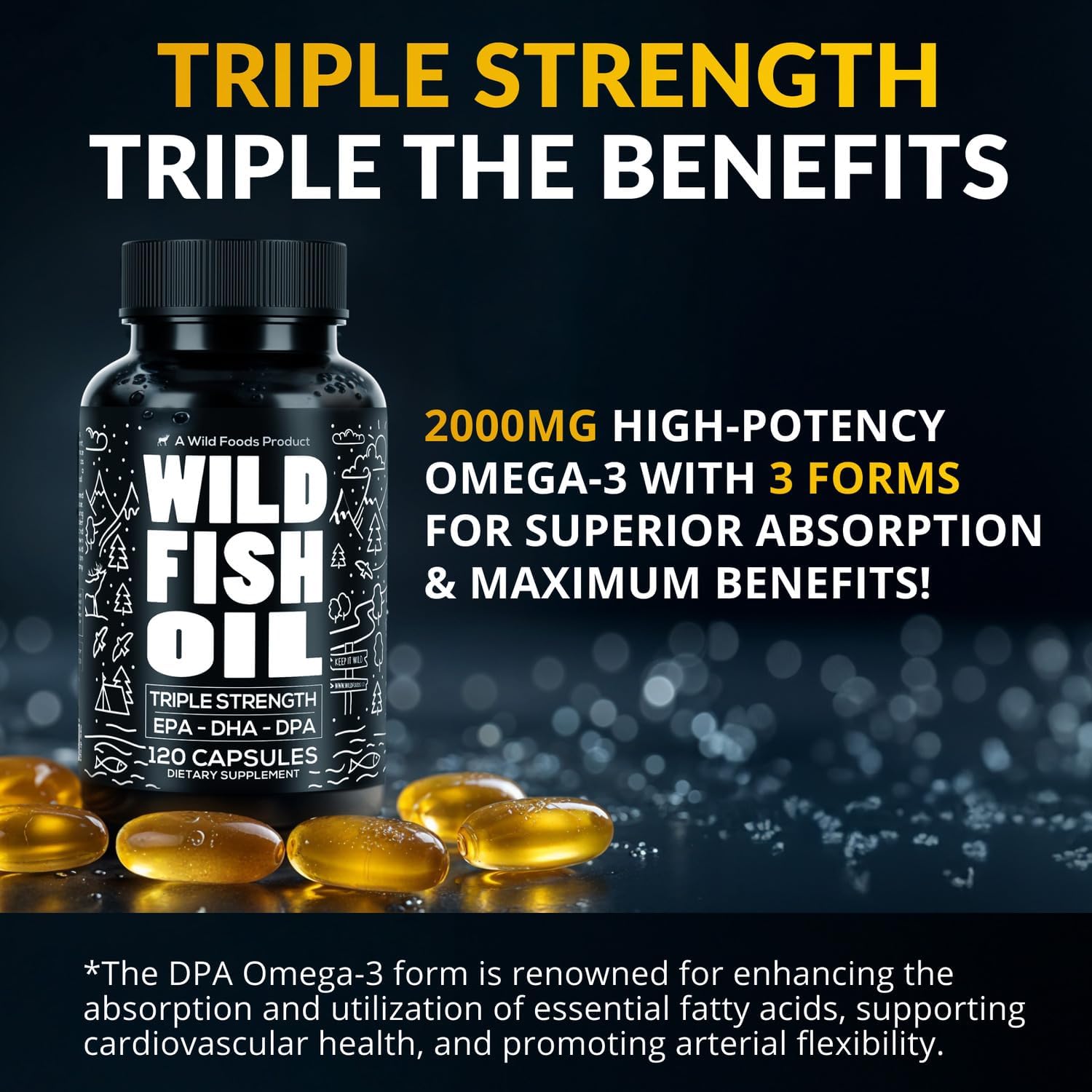 Wild Foods Omega 3 Fish Oil Supplement, 120 Capsules (2 pk) | Wild Caught, Burpless, Odorless, Non-GMO, Gluten Free | DPA, DHA, EPA Triple Strength Joint Nutrition for Women & Men