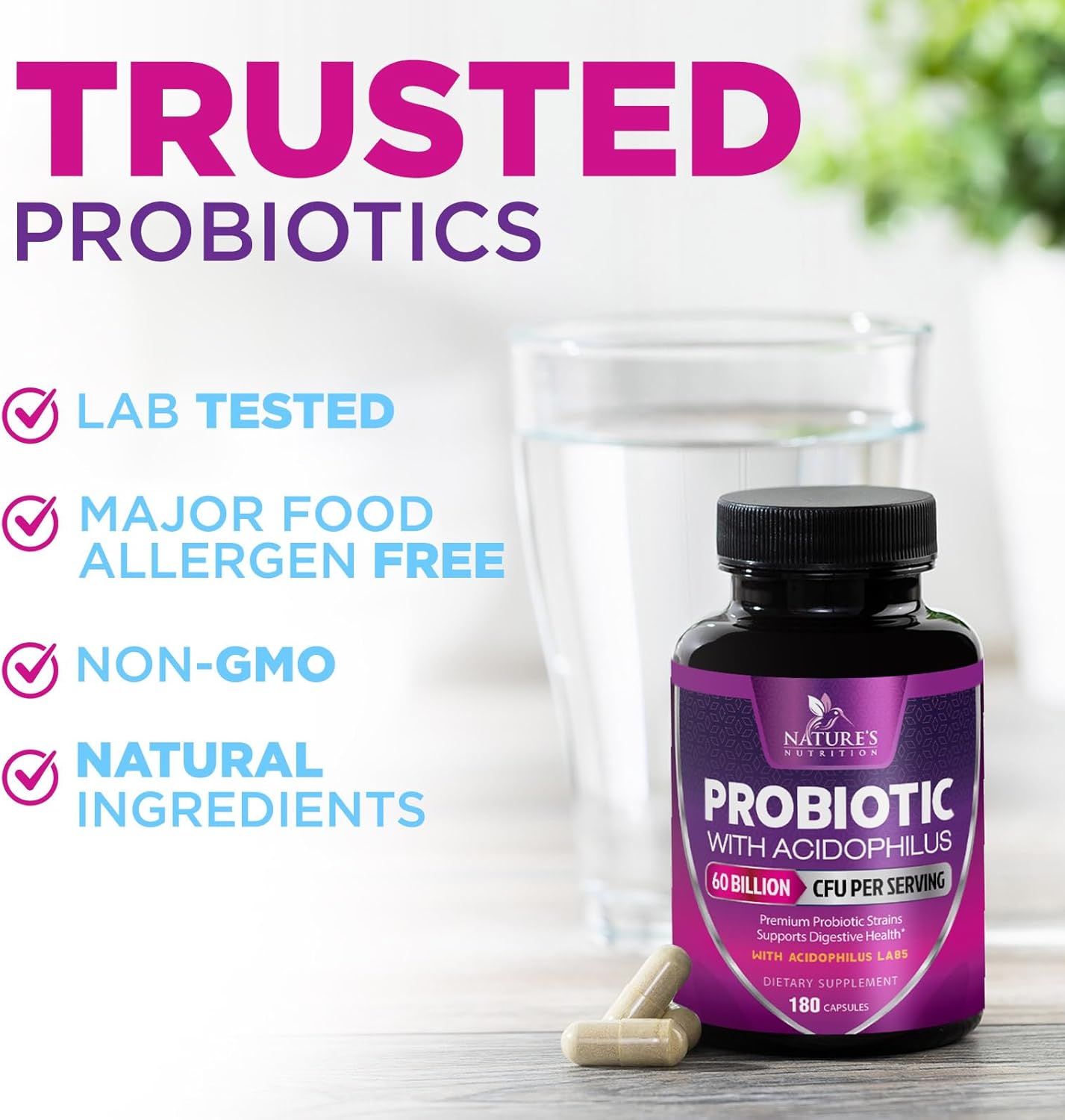 Probiotics 60 Billion CFU per Serving - 10 Strains + Prebiotics - Digestive Health, Gut & Immune Support - Supports Occasional Constipation, Gas & Bloating for Women & Men Shelf Stable - 180 Capsules