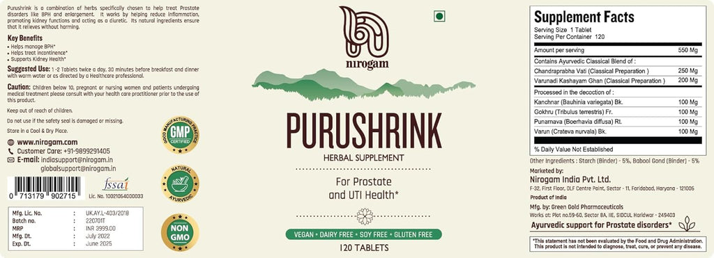 Purushrink Prostate Health Supplement for Men | Support Better Sleep and Urinary Health | Natural Ayurvedic Formula by Nirogam - 120 Tablets