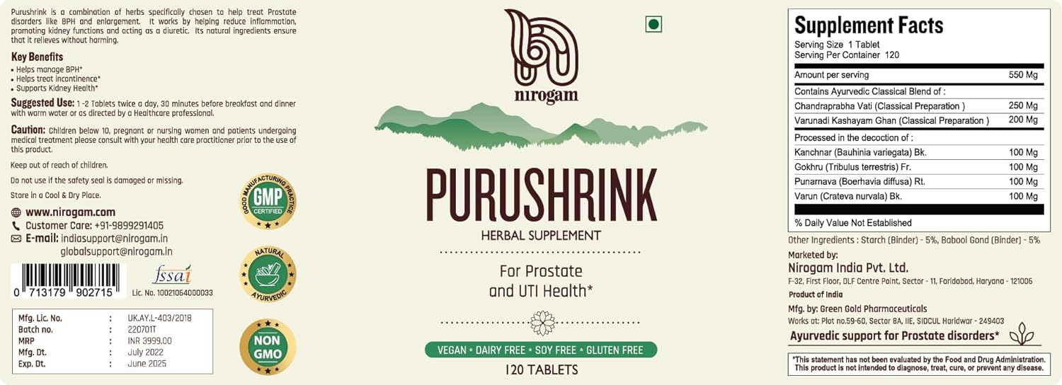 Purushrink Prostate Health Supplement for Men | Support Better Sleep and Urinary Health | Natural Ayurvedic Formula by Nirogam - 120 Tablets