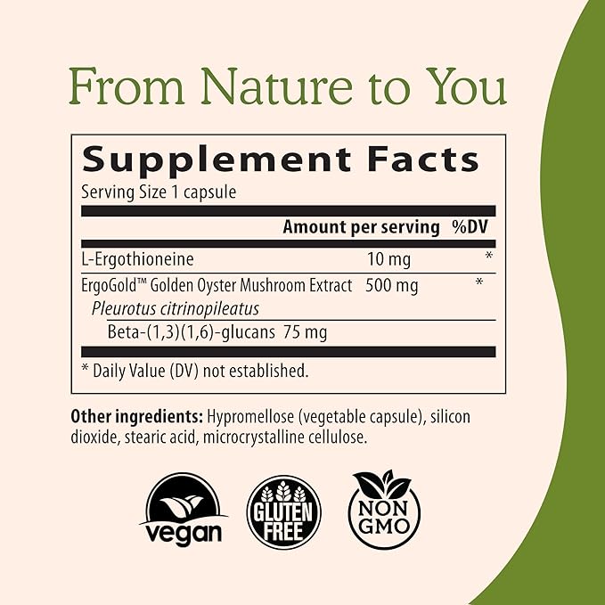 Real Mushrooms Ergothioneine Supplement – Golden Oyster Mushroom with Beta-Glucans – L-Ergothienine Extract Poweder – Organic, Vegan, Non-GMO, No Fillers – 60 Capsules Mushroom Supplement for Humans