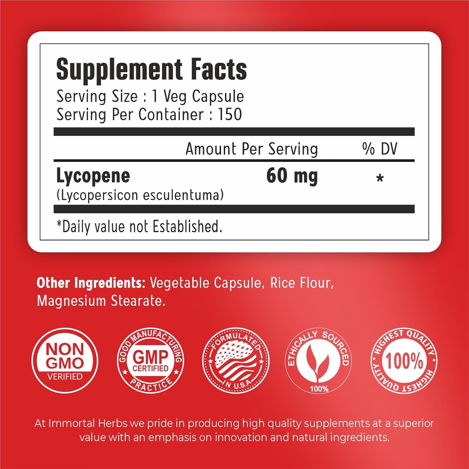 Lycopene Supplement for Men 60mg, 150 Capsules, Natural Tomato Extract Powder for Skin, Heart & Immune Support, 100% Veg Lycopene Complex, Non-GMO and Gluten Free Carotenoid Supplement