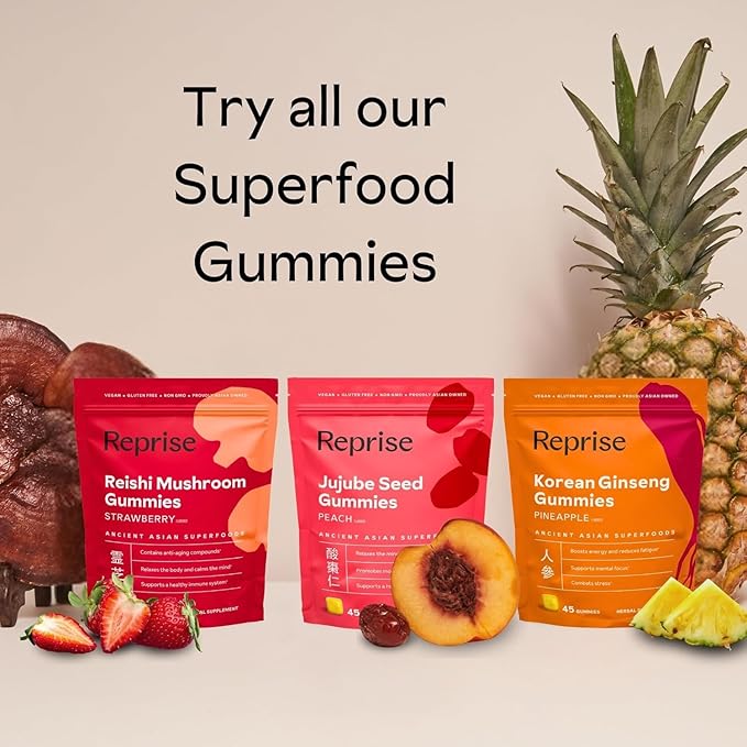 Reprise Jujube Seeds in Daily Gummies, 300 mg Full-Spectrum Jujube Seeds, Supports Relaxation & Restful Sleep, 100% Plant Based Vegan & Gelatin Free, Peach Flavored, 45 Gummies (Pack of 3)