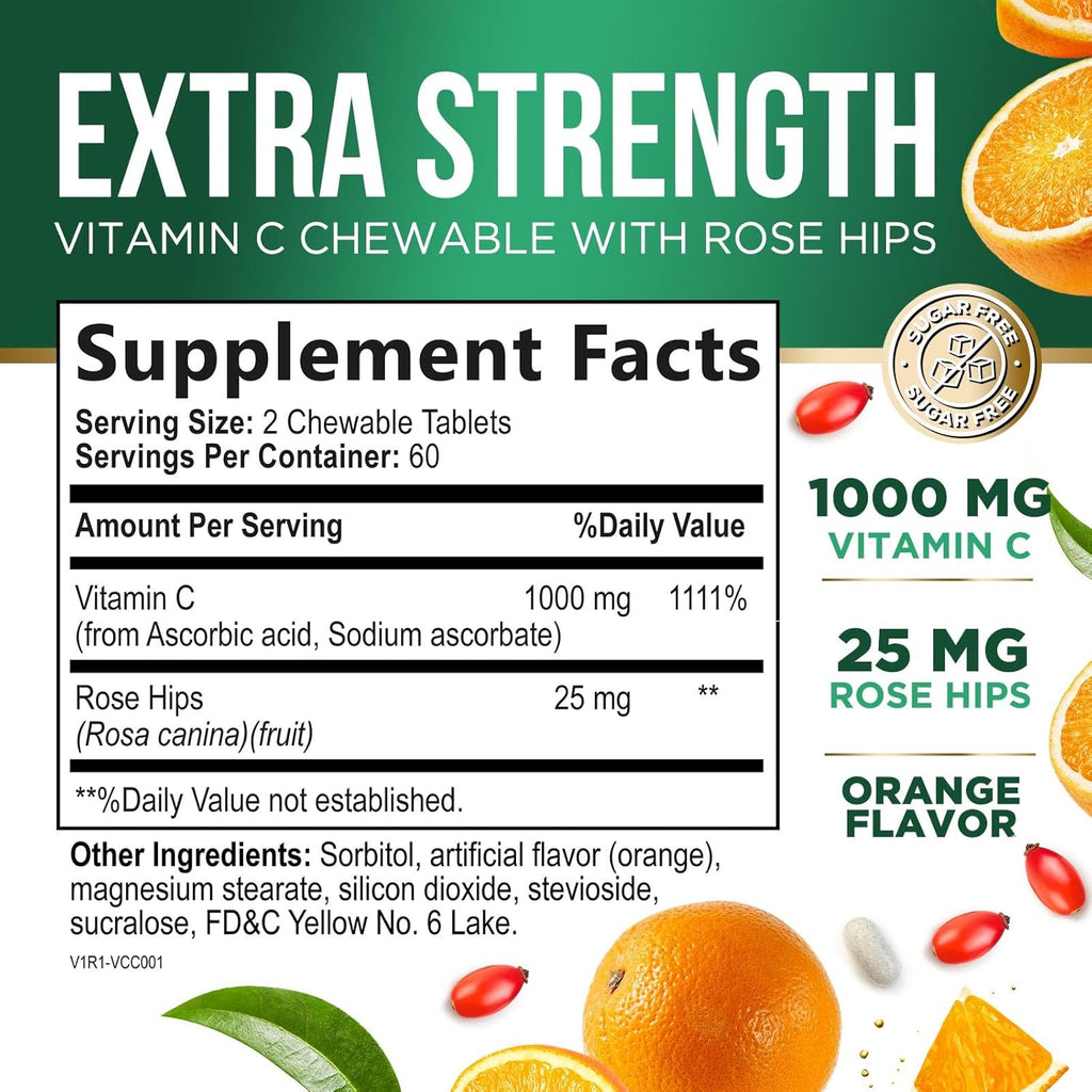 Vitamin C Chewable 1000mg - Extra Strength Antioxidants for Powerful Immune Support w/Vitamin C & Rose HIPS - Potent Dietary VIT C Chews Supplement, Natural, Vegan, Gluten-Free, Non-GMO - 120 Tablets