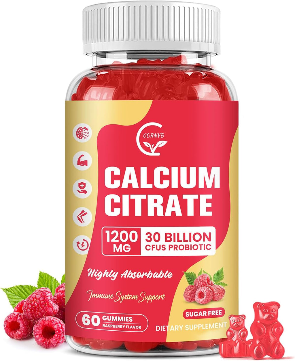 Calcium Citrate Gummies, Calcium 1200 mg with Vitamin d3, K2, Magnesium, Zinc for Bone, Muscle & Immune Support, High Absorption Calcium Supplement for Women & Men, Raspberry Flavor, 60 Chews