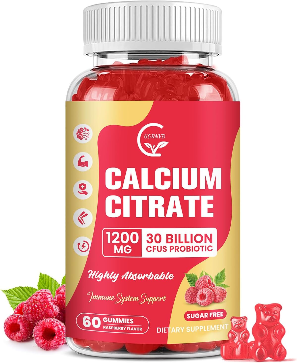Calcium Citrate Gummies, Calcium 1200 mg with Vitamin d3, K2, Magnesium, Zinc for Bone, Muscle & Immune Support, High Absorption Calcium Supplement for Women & Men, Raspberry Flavor, 60 Chews