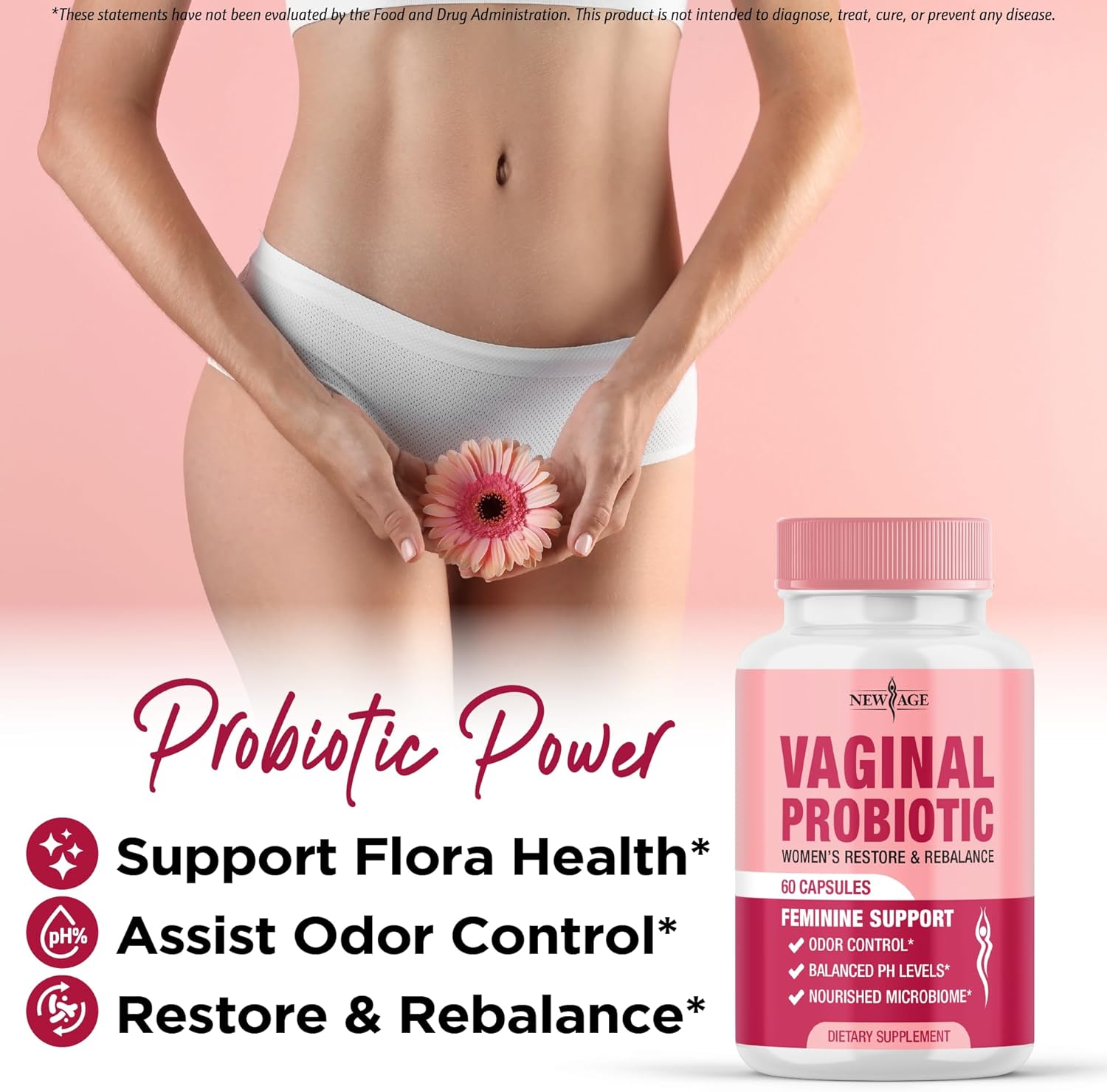 NEW AGE Vaginal Probiotics for Women with Prebiotics, Cranberry Extract, and a Lactobacillus Probiotic Blend, Supports Healthy pH Balance, Odor Control, Vaginal Flora - 60 Capsules