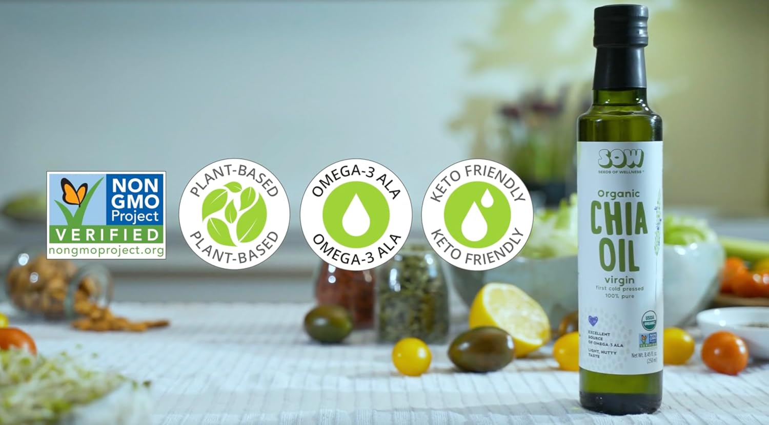 Seeds of Wellness - Organic Chia Seed Oil, Essential Bio Nutrients, Fatty Acids Omega-3 ALA Plant-Based, Cold-Pressed, Unrefined, Non GMO, 8.45 Fl Oz (250 ml) Glass Bottle, Pack of 1, Chile