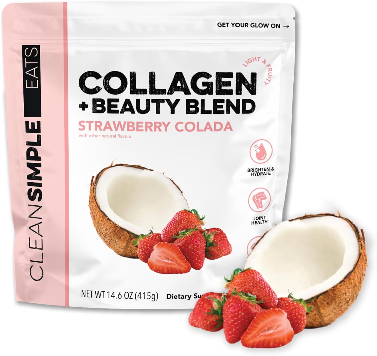 Clean Simple Eats Collagen Powder + Beauty Blend, Strawberry Colada, Hydrolyzed Collagen Peptides from Grass Fed Bovine & Chicken, Hyaluronic Acid for Hair, Skin, Nail & Joint Support, 30 Servings