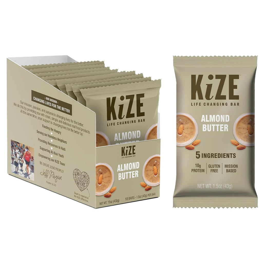 KiZE Energy Bars - Almond Butter - Almond-Butter-Based, Gluten Free, Non-GMO, and High Protein Meal Replacement Energy Bars, Clean and Simple Food Ingredients - 10g High Protein Snacks, (10 Count)