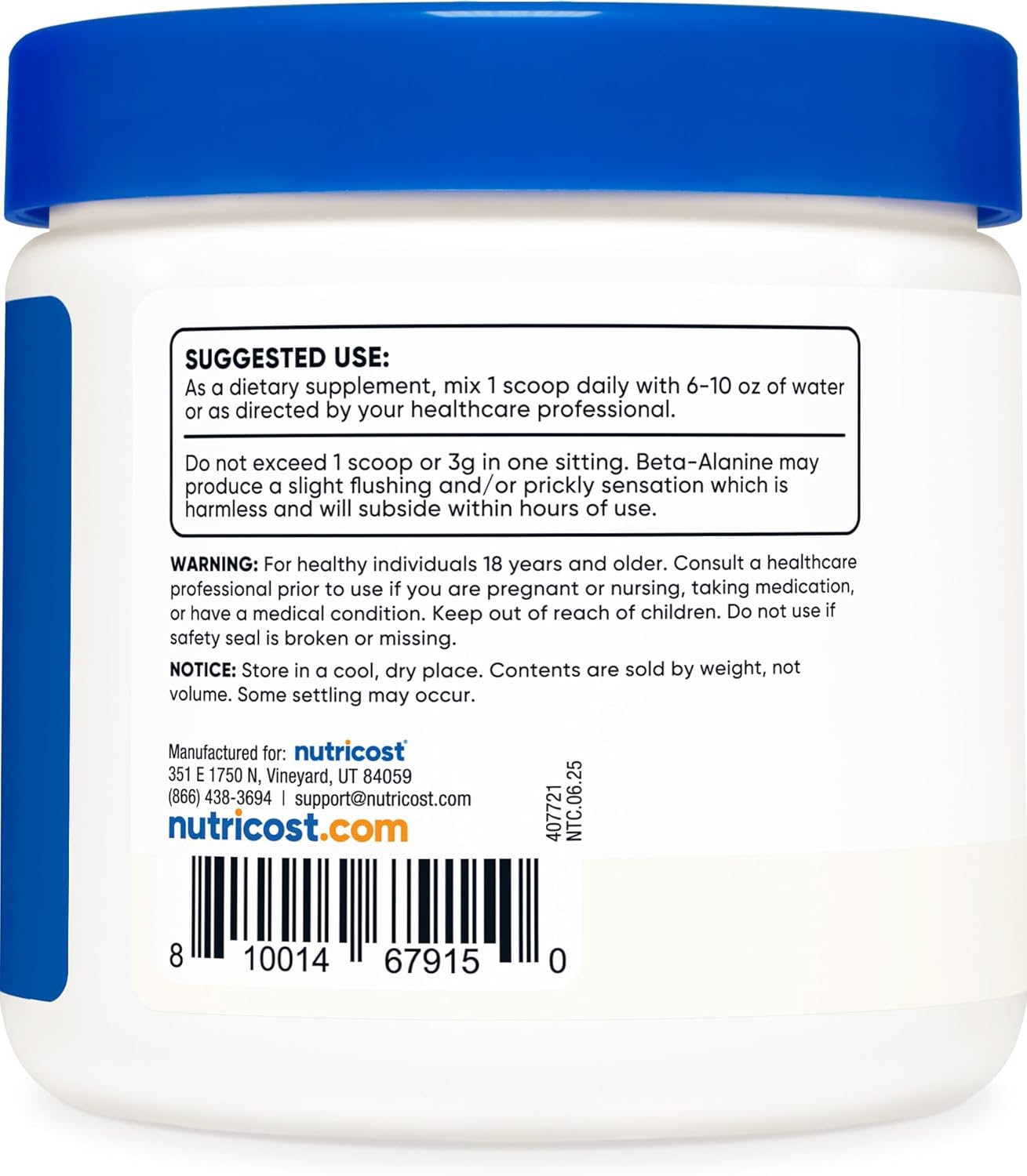 Nutricost Beta Alanine Powder 300 Grams (10.7oz) - 3 Grams Per Serving
