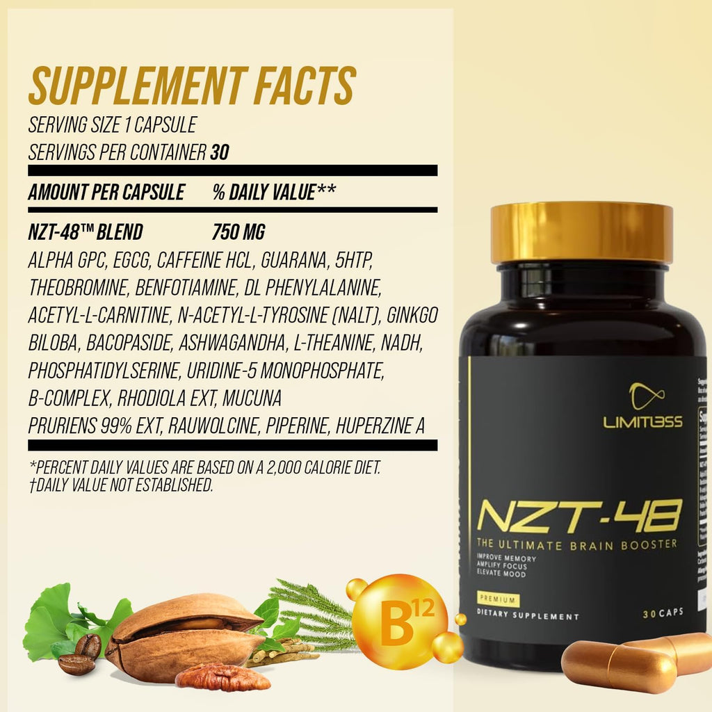 NZT-48 Brain Booster | Nootropic Brain Supplements for Memory and Focus | Premium Natural Energy Supplement with Caffeine, Phosphatidylserine, Vitamins B6 & B12, Ashwagandha | 30 Servings