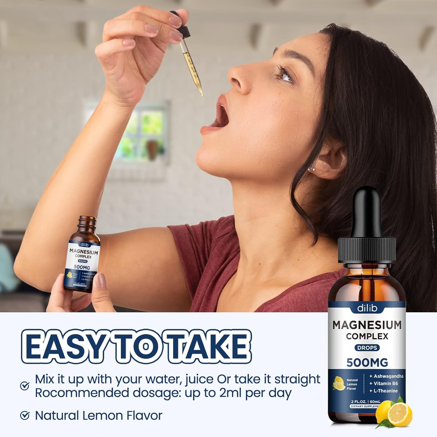 Magnesium Glycinate Liquid Drops, Triple Magnesium Complex Supplement with Citrate, Malate 500mg Ashwagandha, L-Theanine, Vitamin B6 for Sleep, Calm, Stress Relief, Bone, Muscle, Mood - Lemon Flavor