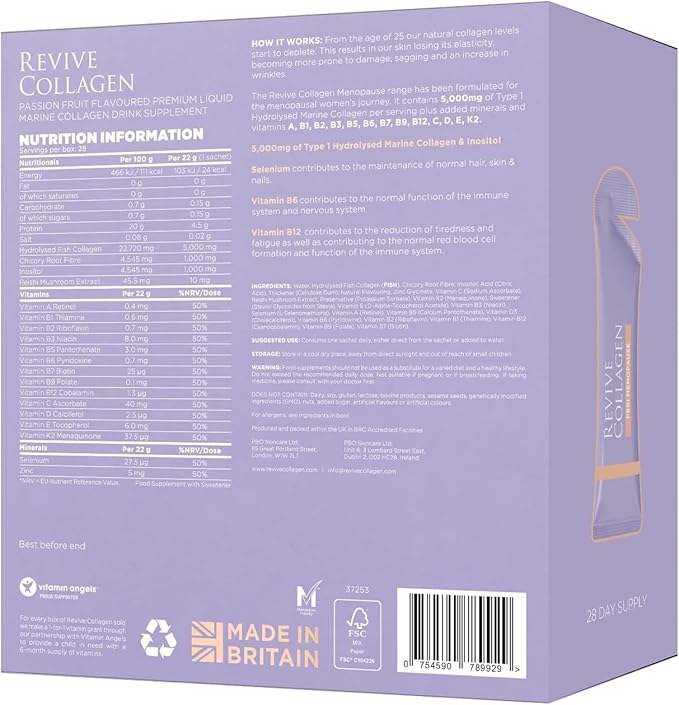 Revive Collagen Perimenopause — Hydrolyzed Marine Collagen Drink for Women, 5,000MG, Inositol, Selenium, Vitamin B6-B12, C & D, Supports Skin Health, Reduces Fatigue, Passionfruit Flavour — 28 Sachets