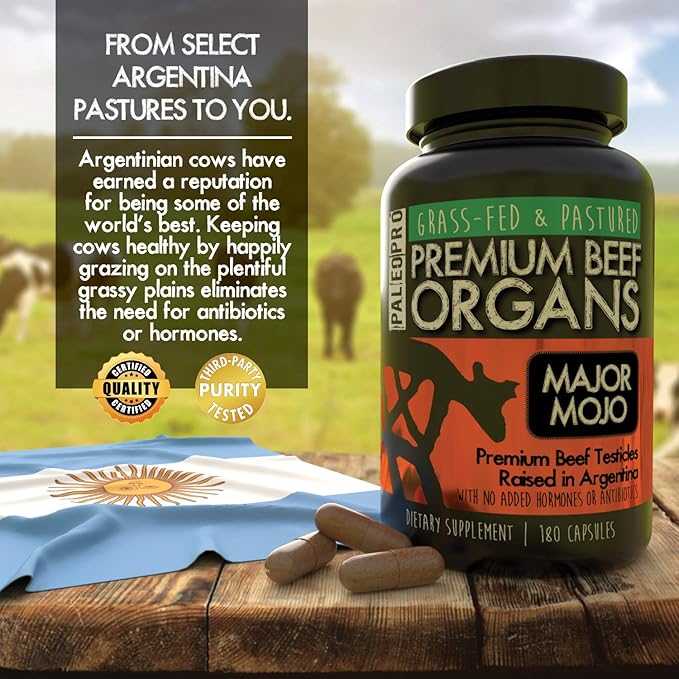 Paleo Pro O.G. Blend Premium Beef Organs Capsules, Kidney, Heart, Liver, Spleen and Pancreas from Grass Fed & Pastured Cows, Dietary Supplement, No GMO, 180 Capsules (Beef Testicles)