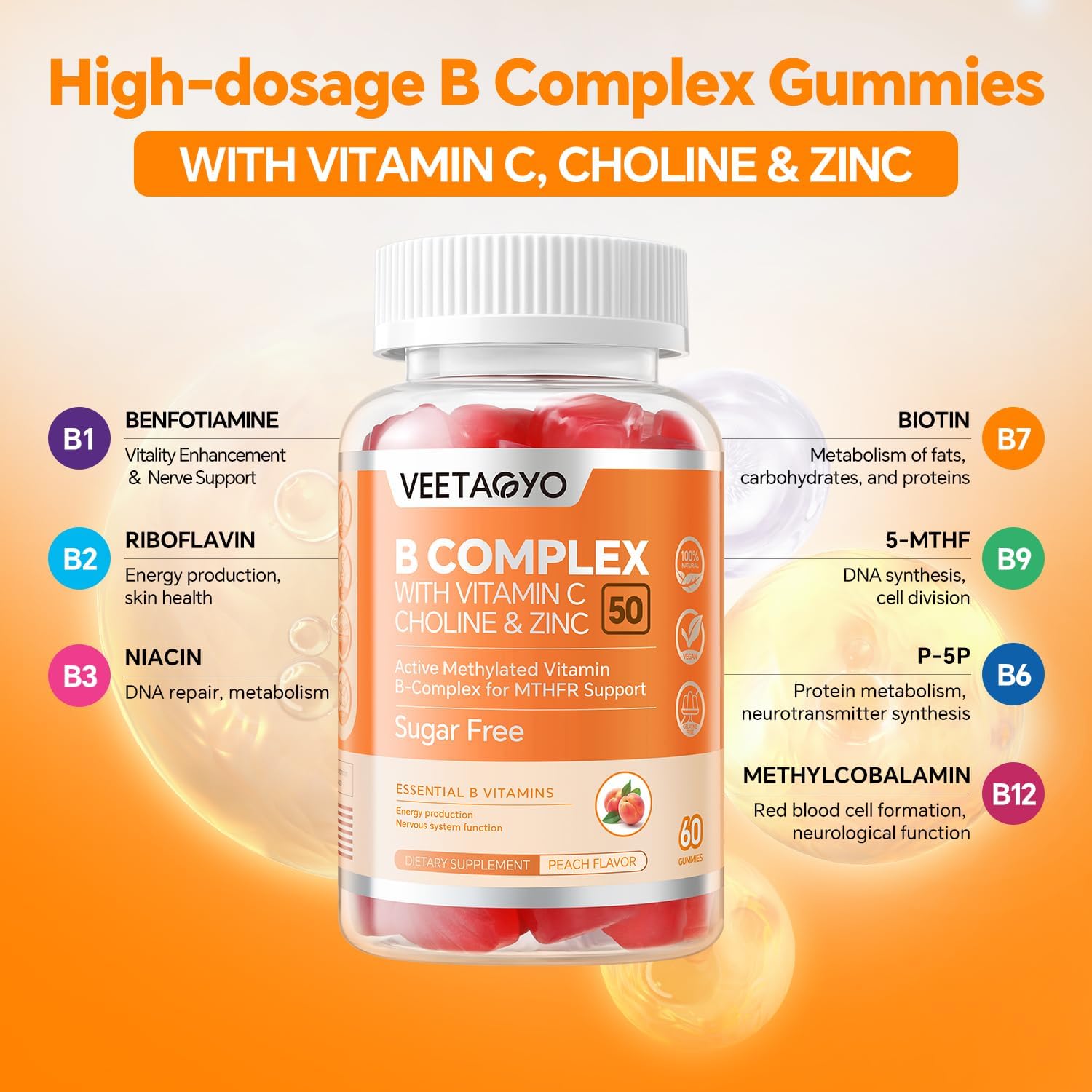 B Complex 50 Gummies ,Methylated B Complex with Vitamin C,Choline & Zinc - Active Methylated B-Complex for Energy,Methylated Support - All B Vitamins - B1,B2,B3,B5,B6,B7,B9,B12 - Sugar Free,120 Count