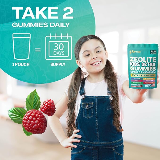 Zeolite Kids Gummies, 9-in-1 with Zeolite, Omega-3, Magnesium, Elderberry, Vitamin C, Milk Thistle, Vitamin D3, Zinc, B12 – Sugar-Free (60 Gummies – Mixed Berry Flavor)