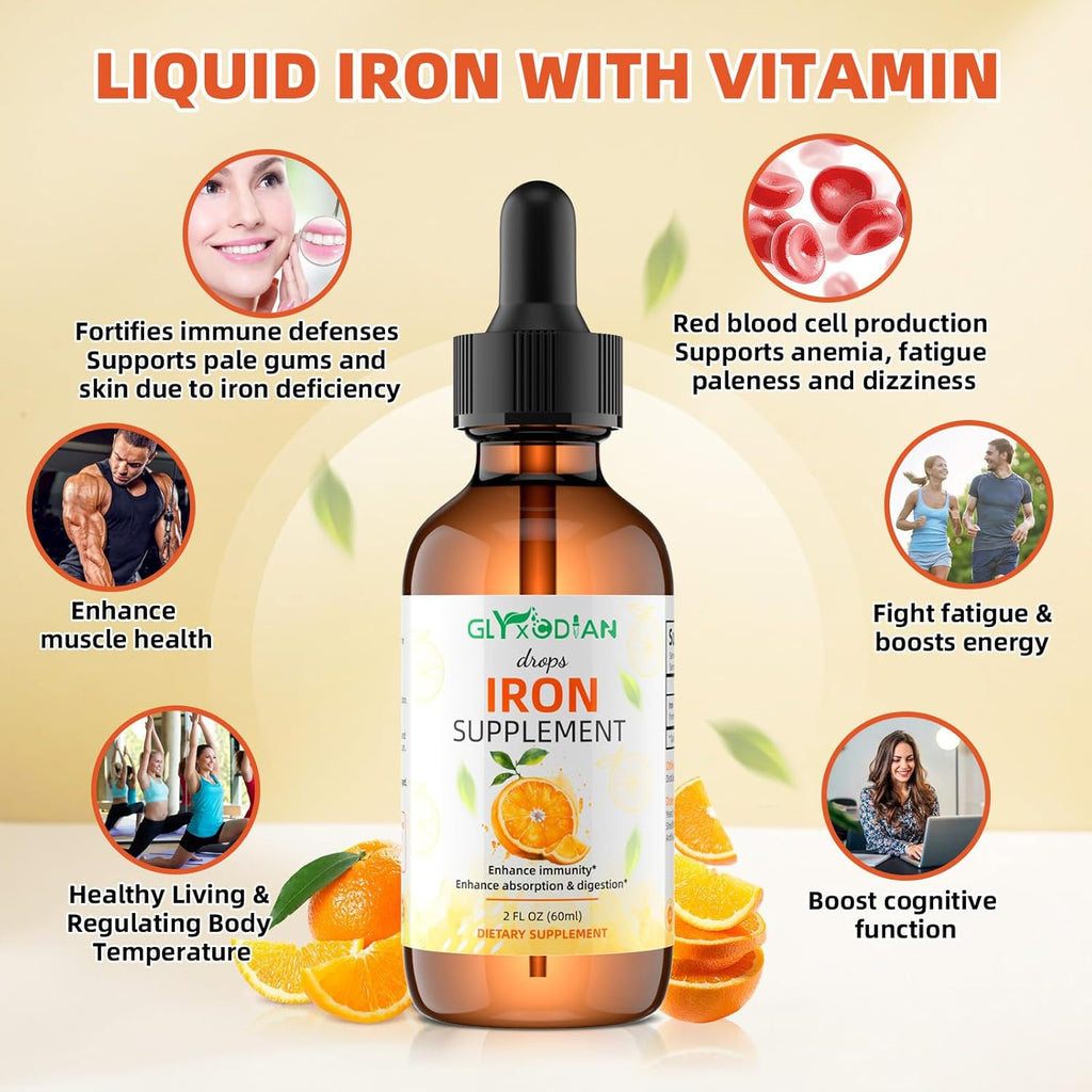 Iron Liquid Drops for Women & Men： Iron Drop 60ml 98% Absorption Liquid Iron Supplement Drops Supports Immunity Energy Red Blood Cell Production Relieves Fatigue Dizziness Natural Orange Flavor