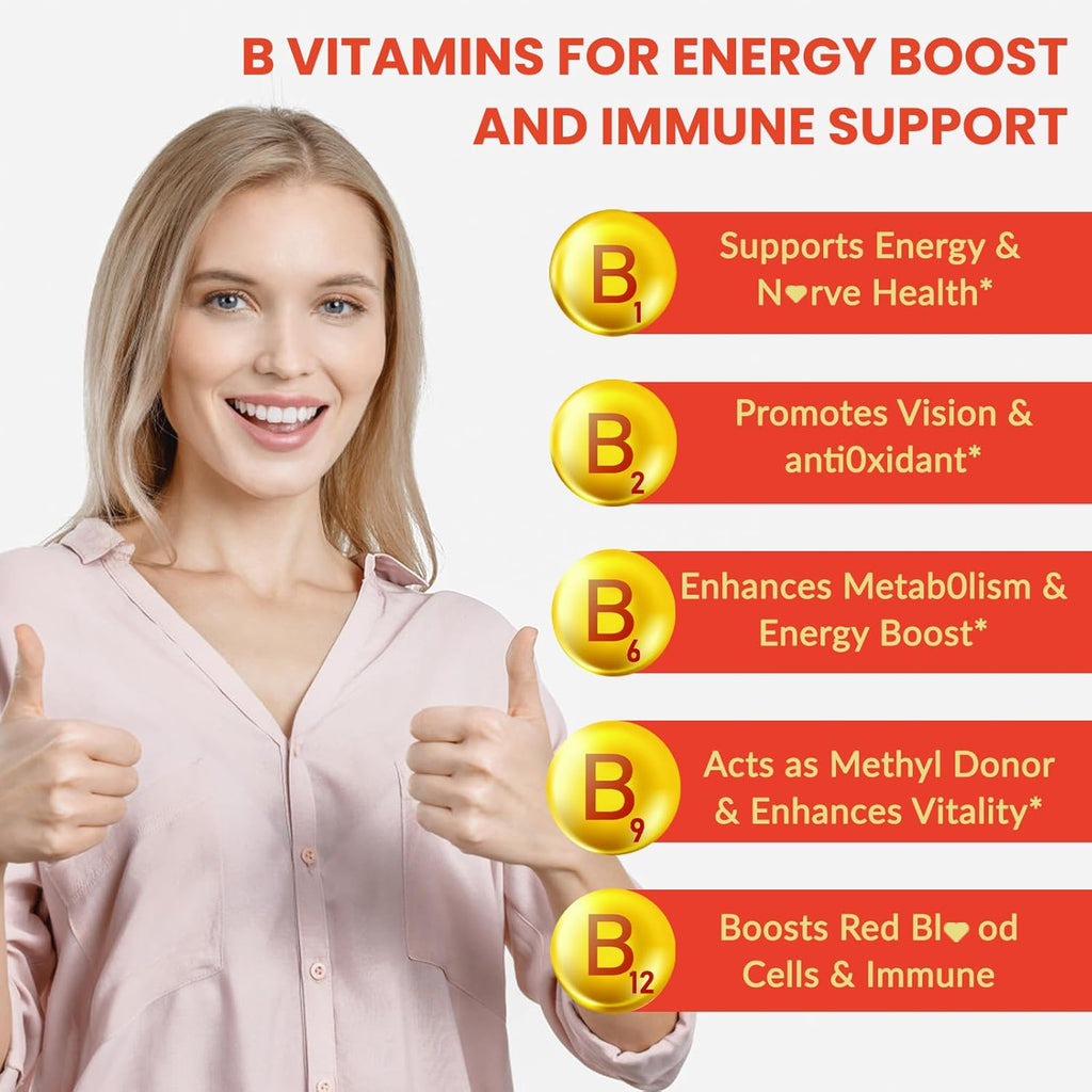 Natural Methylated Vitamins B Gummies: Chewable Supplement Complex with B1 B2 B3 B5 B6 B7 B9 B12 Zinc Magnesium Ashwagandha for Daily Energy Support - for Vegan Work Adults(120Count)
