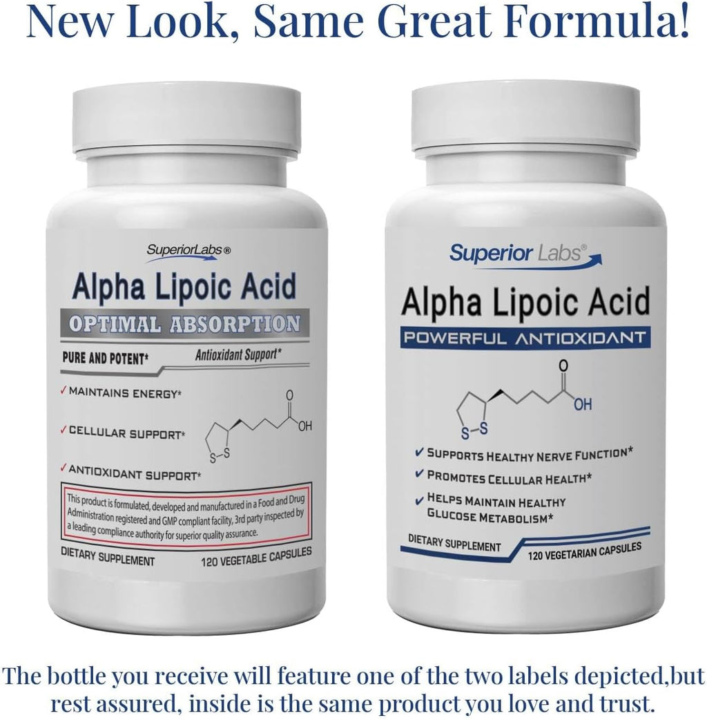 Superior Labs Alpha Lipoic Acid 600 mg Capsules, Pure Non-GMO ALA, High Absorption, Nerve Support, Healthy Circulation and Nerve Response, Healthy Aging Antioxidant, 120 Veg Caps, 4-Month Supply