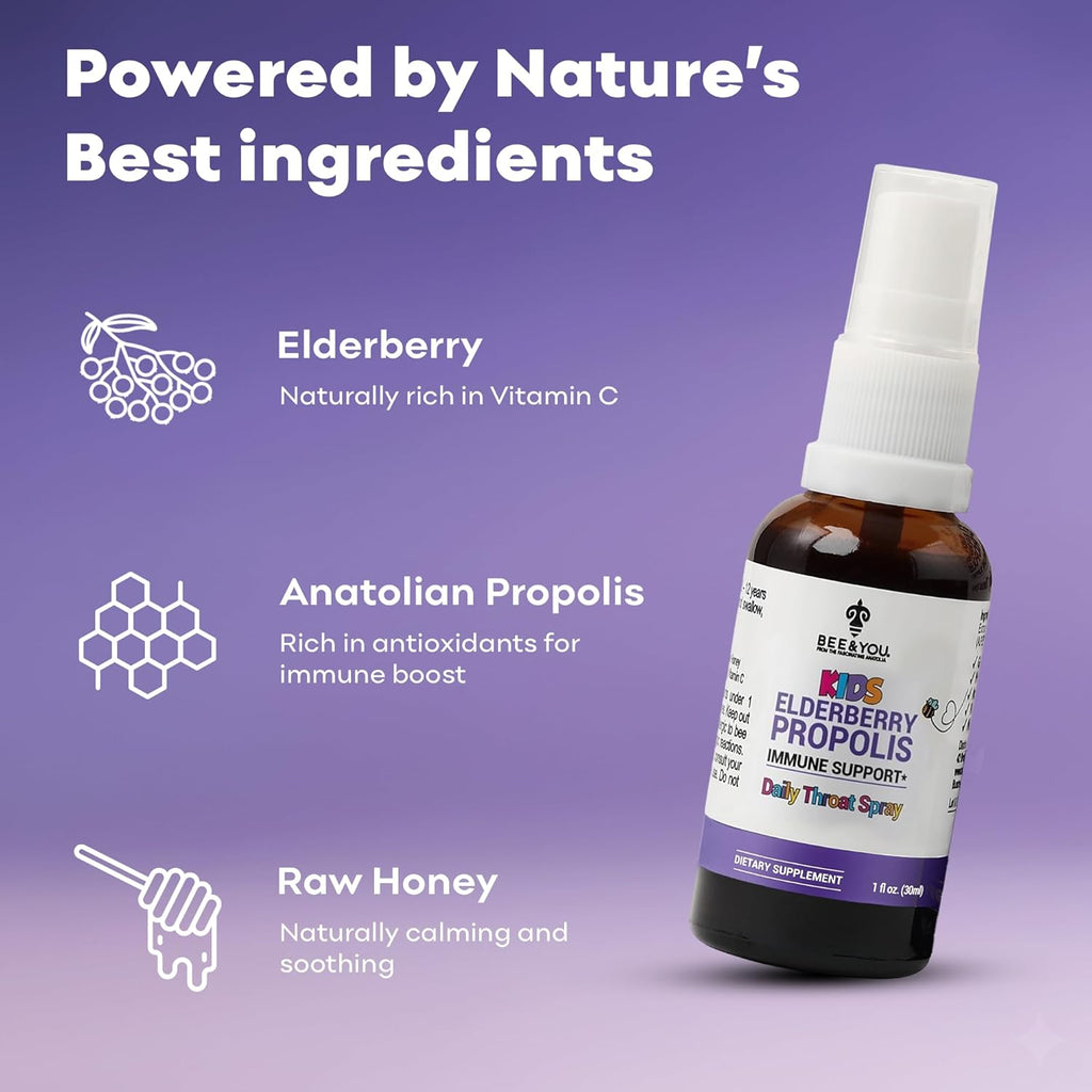 Bee and You, Kids Immune Support Supplement Throat Spray, Elderberry, Raw Honey, Propolis Extract, Vitamin C, Strawberry Juice, Antioxidants, Sore Throat Relief, 1 fl. Oz