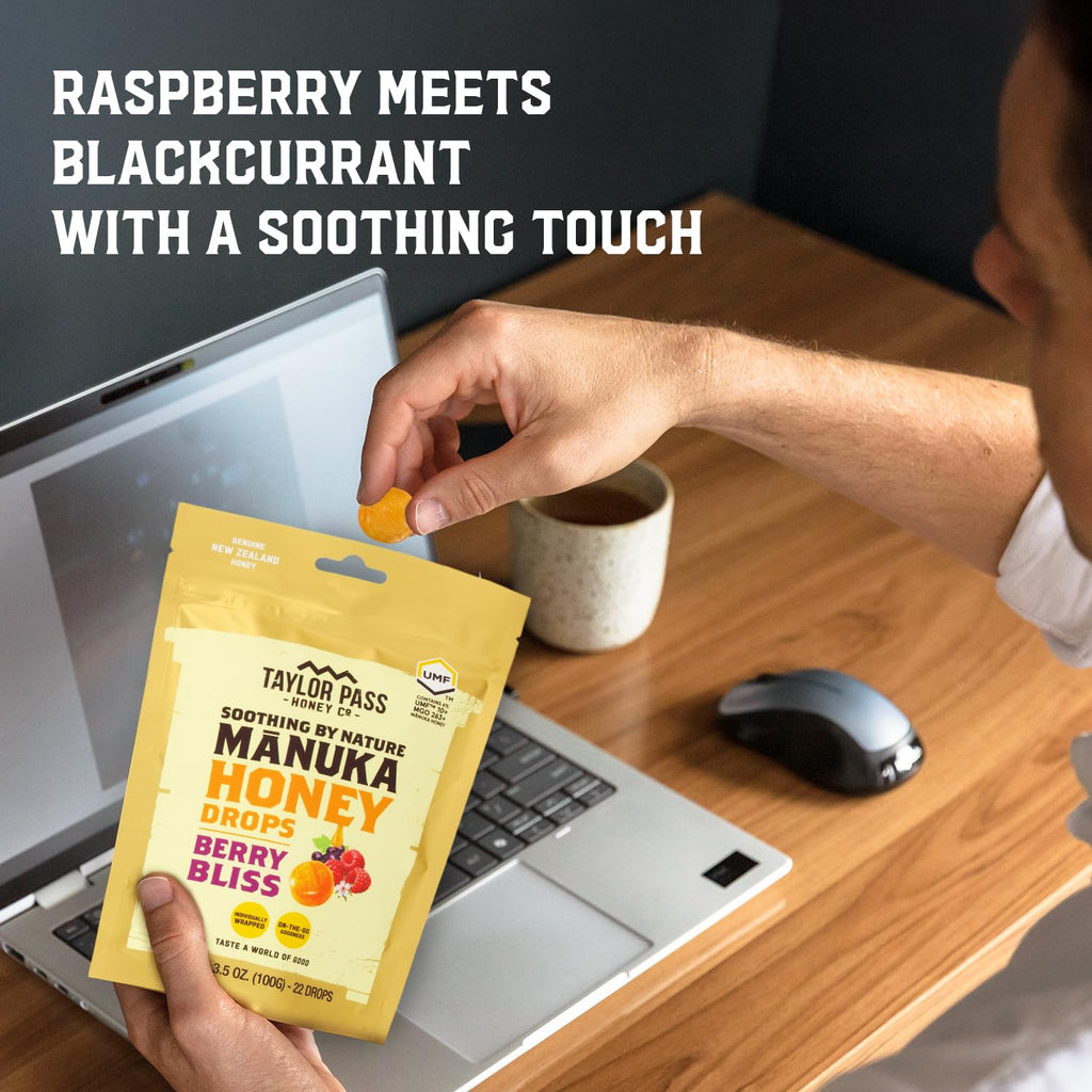 Taylor Pass Honey Co Mānuka Honey Drops UMF™ 10+ | Berry Bliss | Mānuka Honey Lozenges | Soothing Natural Manuka On-the-Go | 22 Individually Wrapped Drops | Made in New Zealand