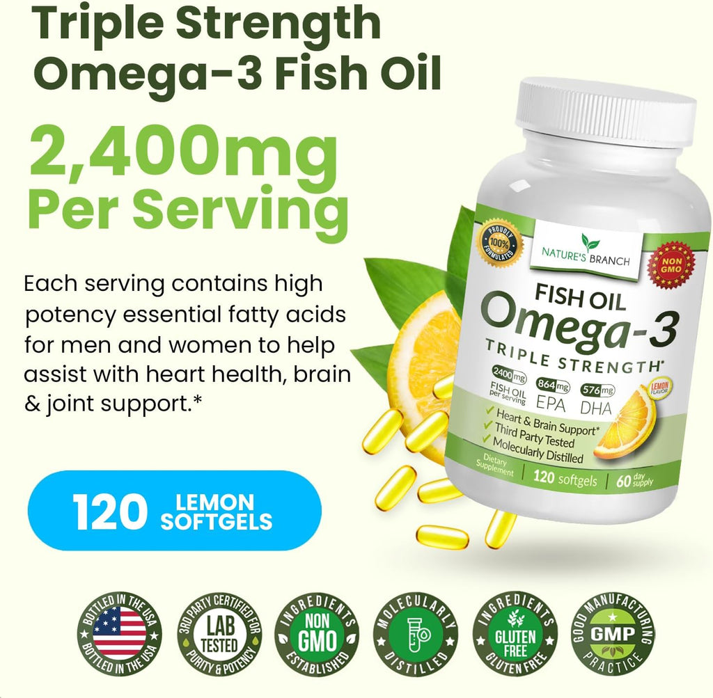 Best Triple Strength Omega 3 Fish Oil Pills 2400mg | 120 Capsules | Burpless High Potency Lemon Flavor | 864mg EPA 576mg DHA Ultra Pure Liquid Softgels | Brain Joints Eyes Hair Heart Health Supplement