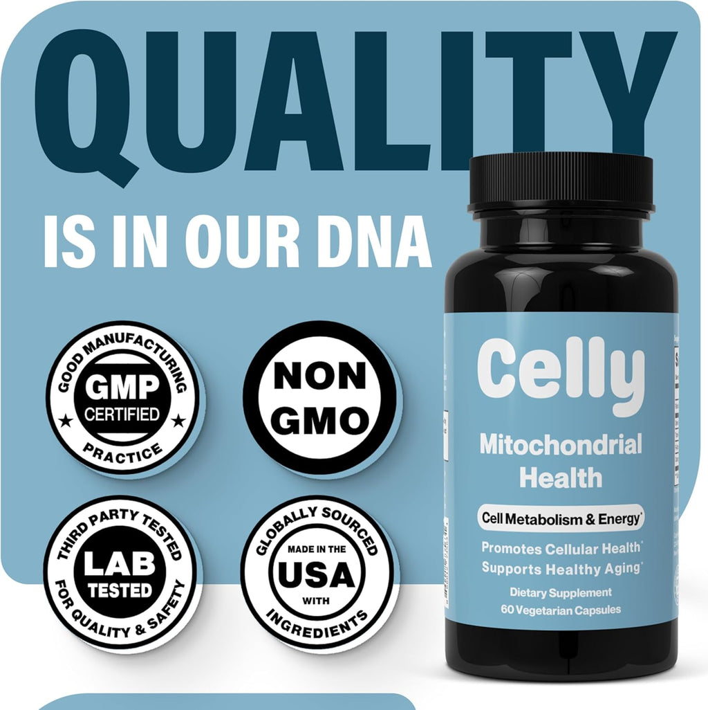Celly Mitochondrial Health | Longevity Supplement for Cellular Nutrition and Healthy Aging | Promotes Mitochondria ATP Energy with CoQ10, Resveratrol & Green Coffee | Made in USA & 3rd Party Tested