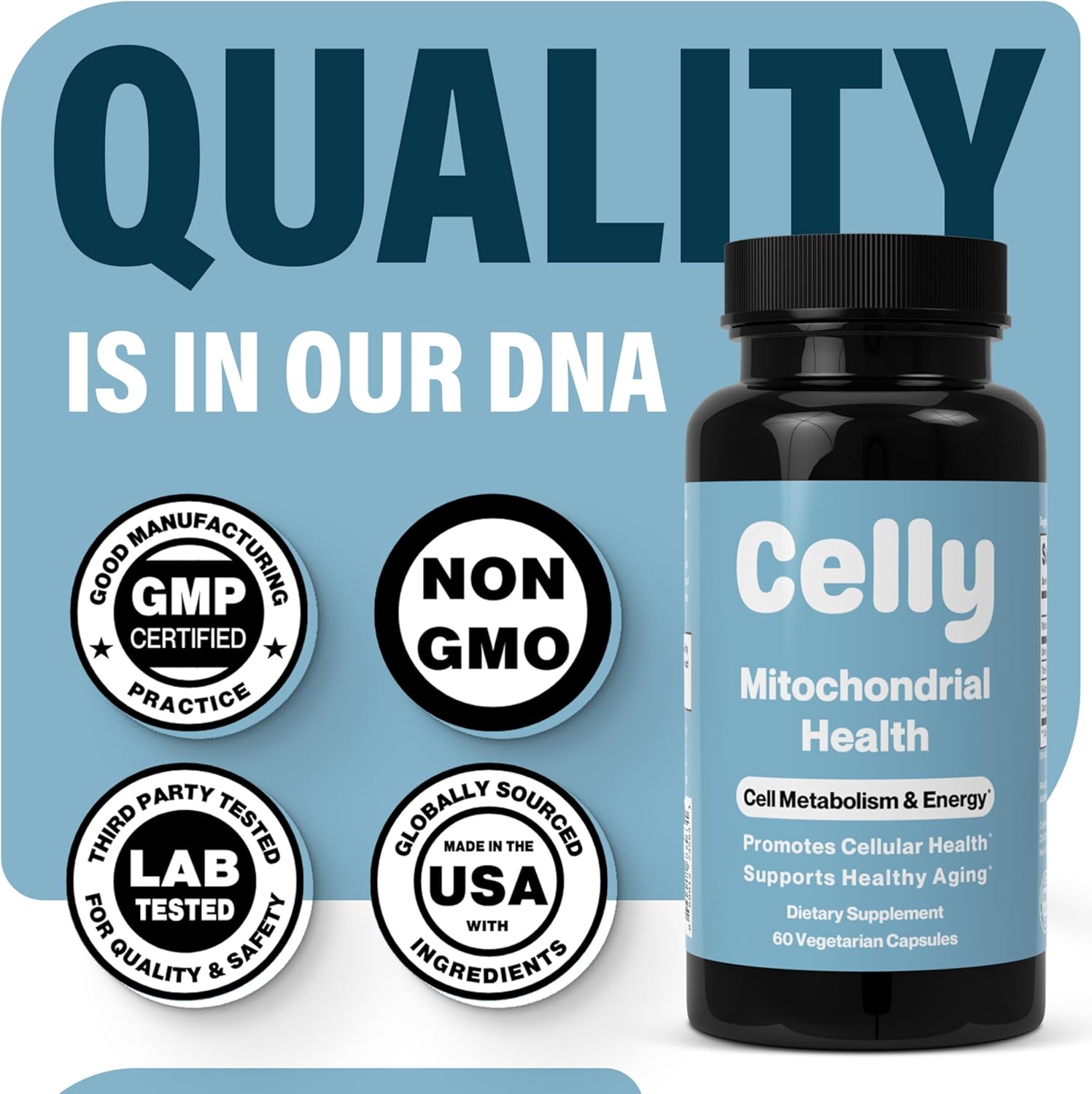 Celly Mitochondrial Health | Longevity Supplement for Cellular Nutrition and Healthy Aging | Promotes Mitochondria ATP Energy with CoQ10, Resveratrol & Green Coffee | Made in USA & 3rd Party Tested