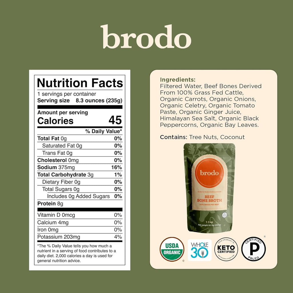 Brodo Classic Variety Pack with Collagen & Protein, Includes Organic Chicken, 100% Grass-Fed Beef, & Hearth Bone Broths for Sipping & Cooking, Nutrient-Dense & Slow-Simmered for Deep Flavor (6x 8.3oz)