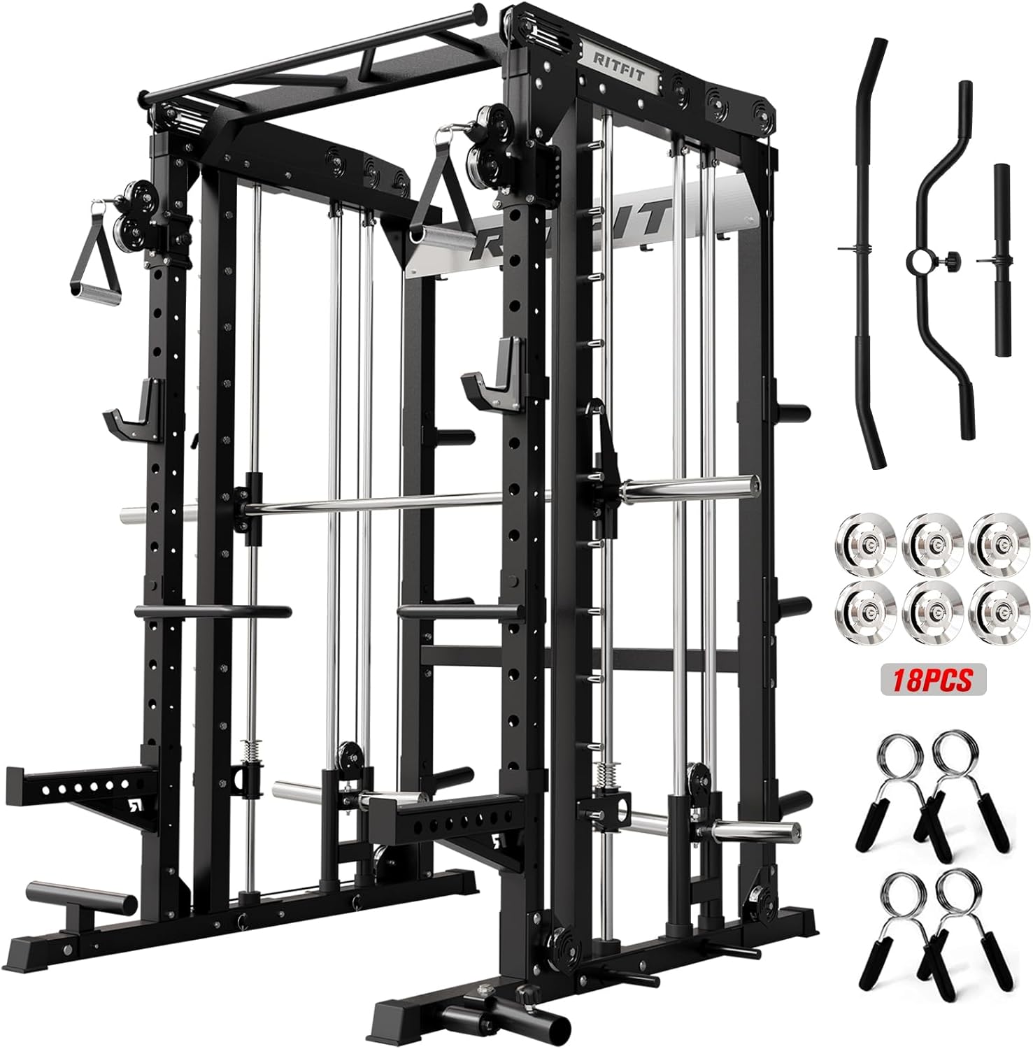 RitFit M2 PRO-3D Smith Machine with Weight Stack, 3D Functional Trainer & Power Cage, 308.6lbs Stack, 16 Adjustment Holes, 6 Storage Pegs for Full-Body Home Gym