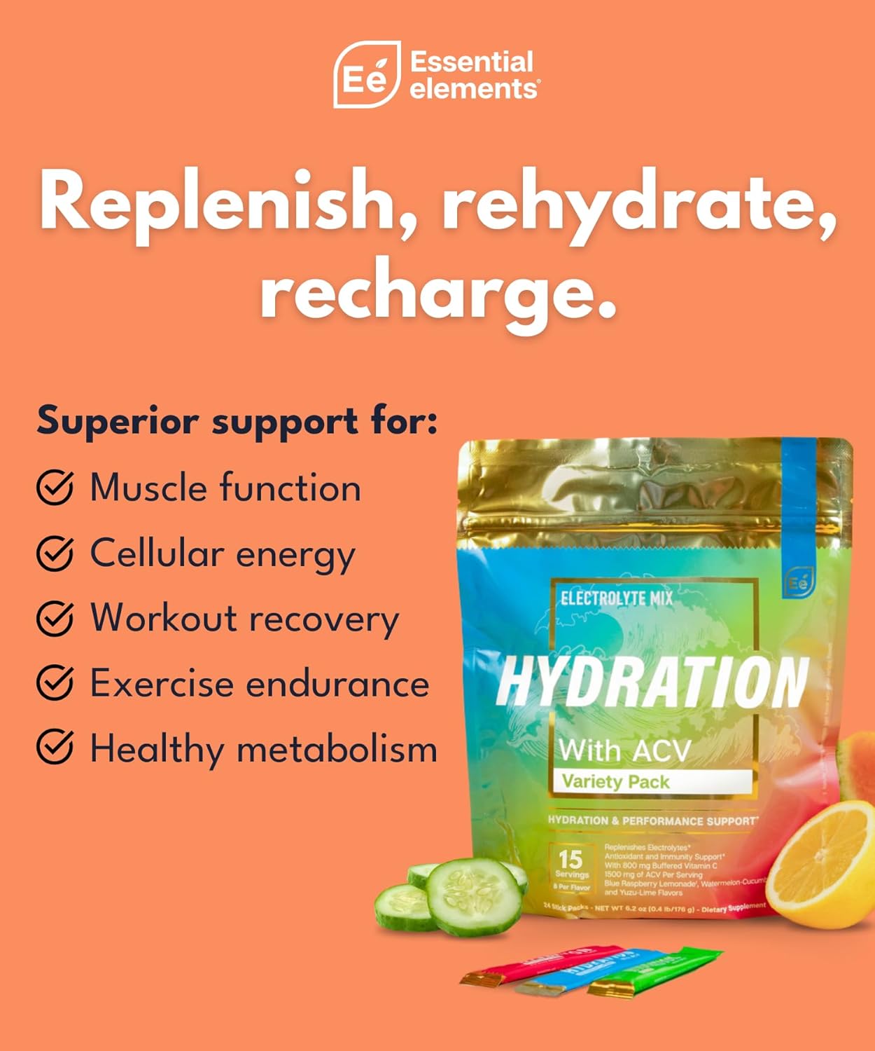 Essential Elements Hydration Packets - Electrolytes Powder Packets Sugar Free - 24 Stick Packs of Electrolytes Powder No Sugar - Electrolyte Water Drink Mix with ACV & Vitamin C - Variety Pack