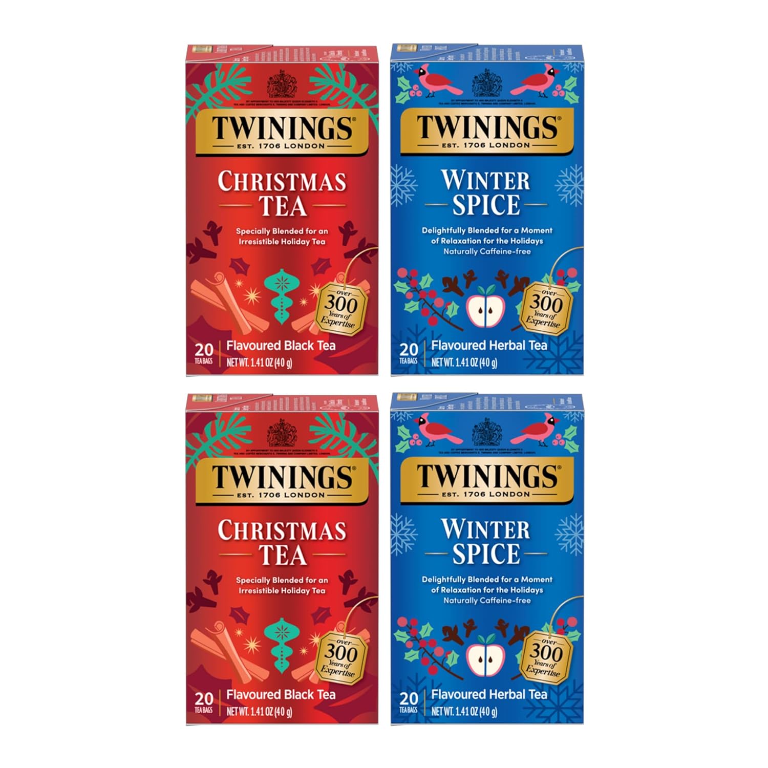 Twinings Holiday Variety Pack Tea Bags, Christmas Tea and Winter Spice, 20 Count (Pack of 4), Enjoy Hot or Iced