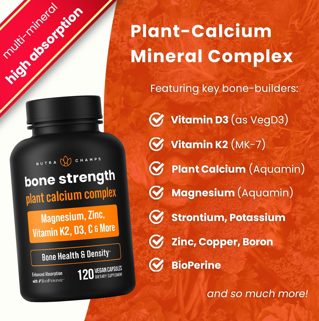 Calcium Supplement for Bone Strength | Plant Calcium Citrate + Vitamin D3, K2, Magnesium, Zinc, Potassium, Boron & Strontium | Premium Extra Strength Bone Health & Density Complex | 120 Vegan Capsules