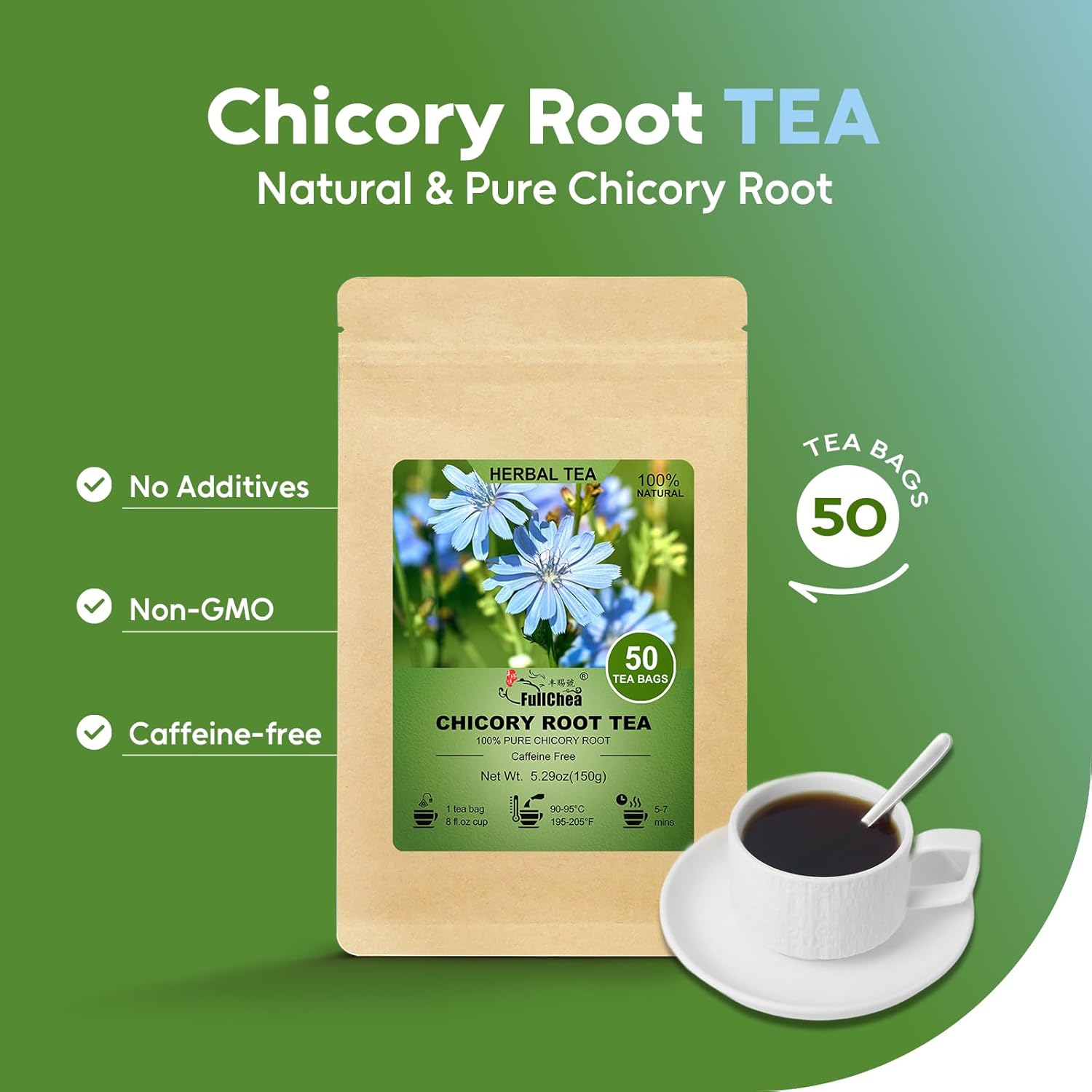 FullChea - Chicory Root Tea, 50 Teabags - Pure Chicory Root Herbal Tea - Coffee Alternative - Non-GMO - Caffeine-free - Support Liver Health & Rich in Antioxidants