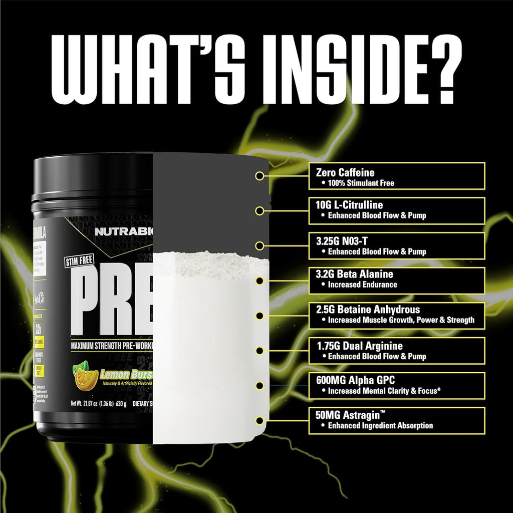 NutraBio STIM-Free PRE Workout for Men, New Formula | Laser Focus, Extreme Pumps | Performance, Endurance | 10g Citrulline, Beta Alanine, Nitrates, Nootropics, Electrolytes - 20 Servings Lemon Burst
