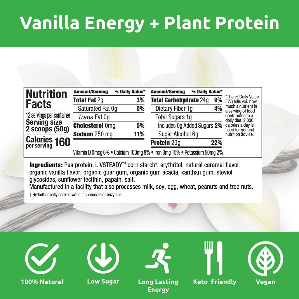 UCAN Energy + Plant Protein Powder - Vegan Plant Based Protein 20g Pea Protein with Amino Acids EAAs & BCCAs - Keto Protein Powder - No Added Sugar, Gluten-Free - Vanilla - 12 Servings