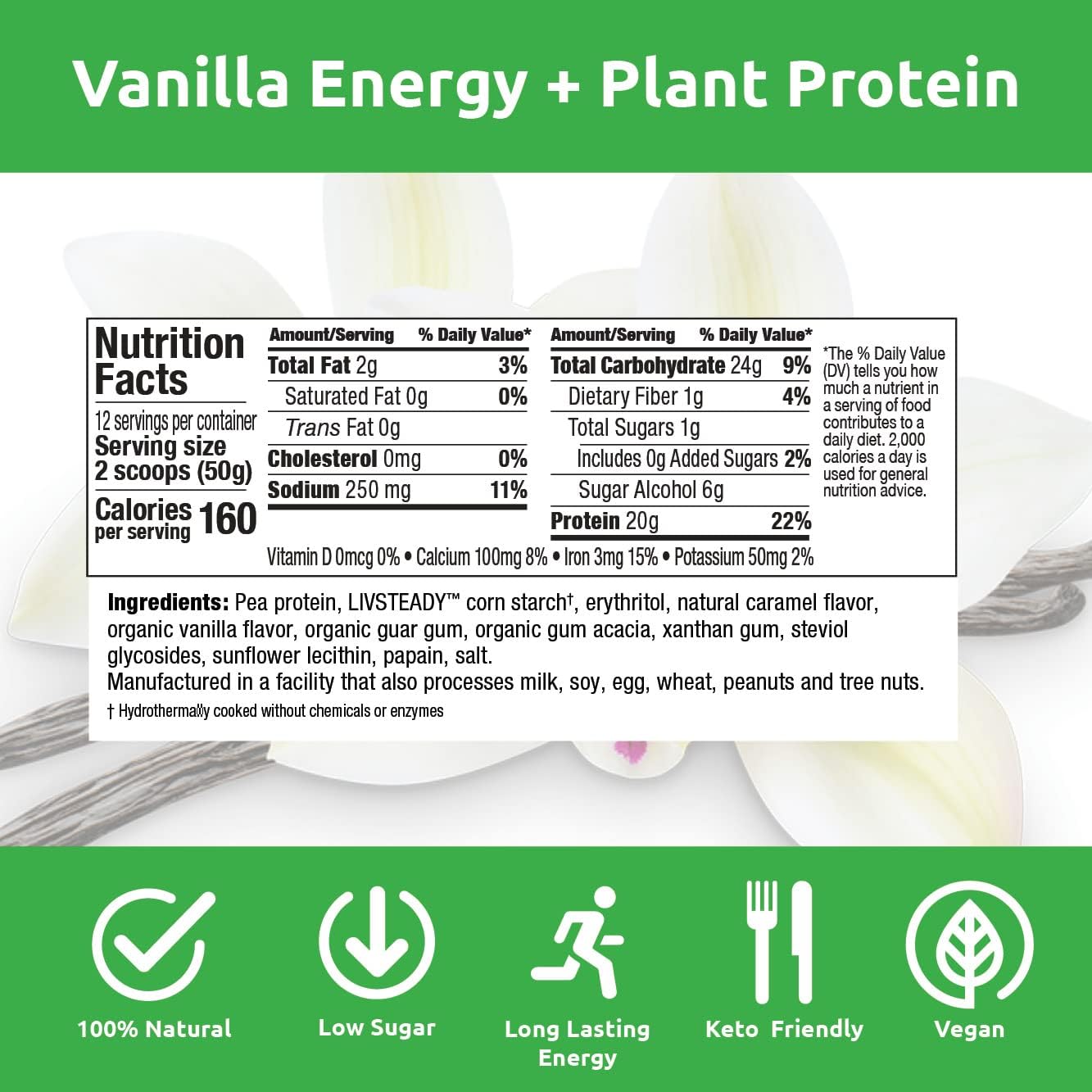 UCAN Energy + Plant Protein Powder - Vegan Plant Based Protein 20g Pea Protein with Amino Acids EAAs & BCCAs - Keto Protein Powder - No Added Sugar, Gluten-Free - Vanilla - 12 Servings
