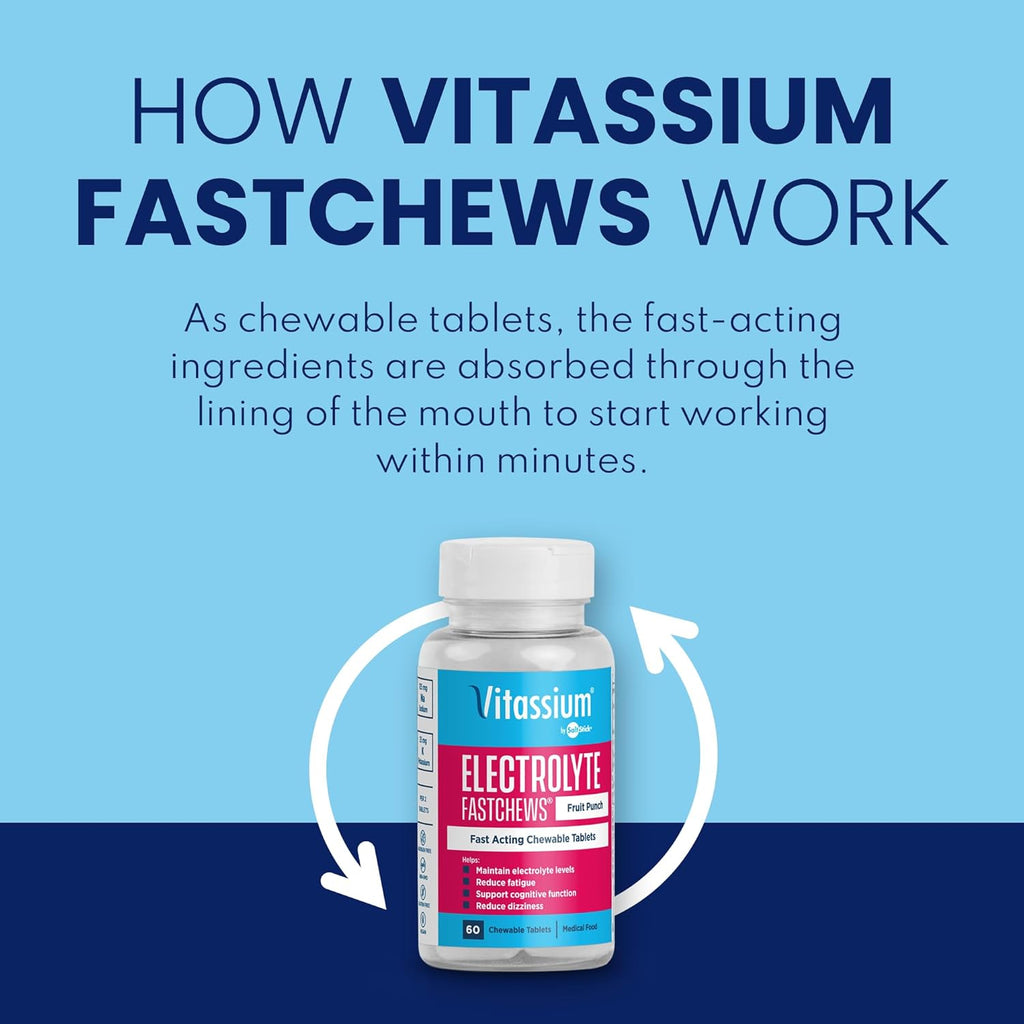 Vitassium FastChews, Chewable Electrolyte Tablets for Management of POTS and High Sodium Diets, Fast-Acting Sodium Tablets, Fruit Punch, 60 Count