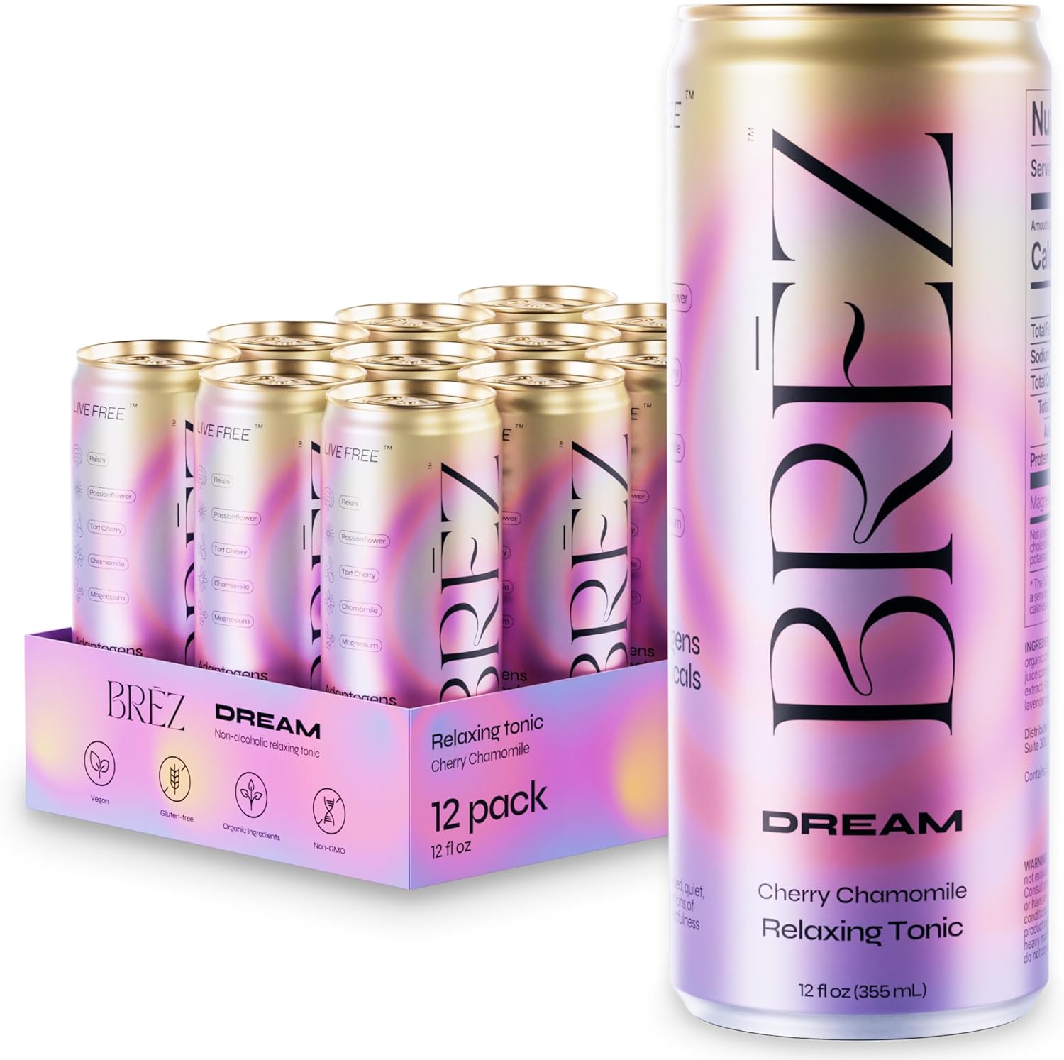 BRĒZ Dream Reishi Mushroom Drink, Non-Infused Relaxing Tonic with Reishi, Chamomile, Tart Cherry, Magnesium & L-Theanine, Vegan Adaptogen Drink for Sleep, Calm & Mood, 12 fl oz - 12 Pack