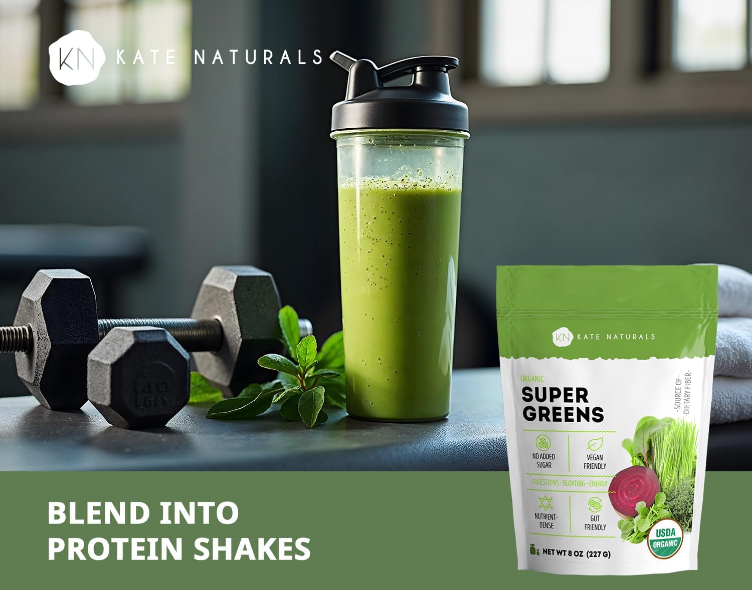 Kate Naturals Organic Super Greens Powder. Daily Greens Superfood Blend with Probiotics & Fiber for Smoothies and Juice (30 Servings, 8oz, Natural)