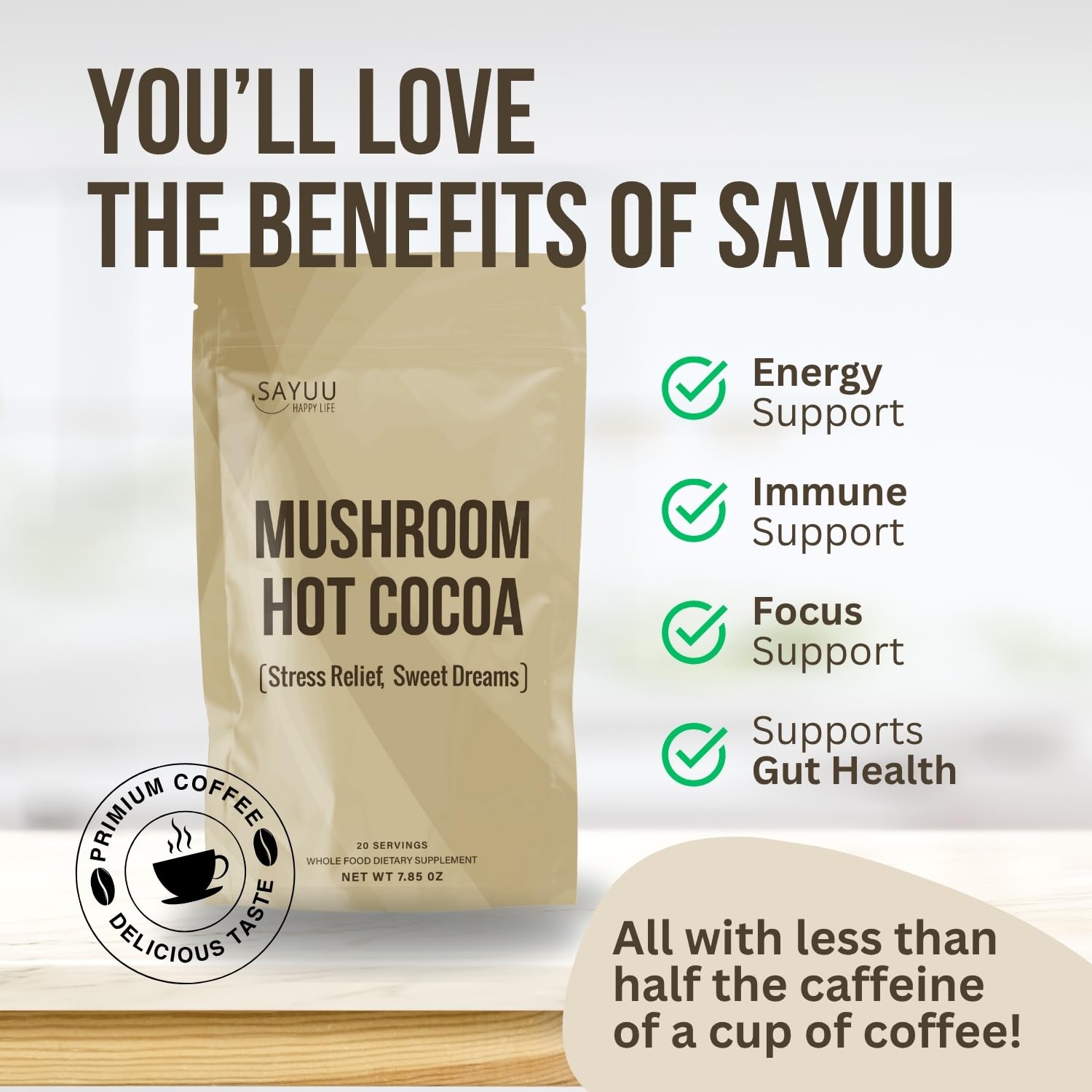 SAYUU Mushroom Coffee Hot Cocoa Mix –Instant Coffee Blend Enriched with Reishi, L-Theanine, Melatonin, Rich Cacao Flavor, Gut & Immune Health Support, Quick & Easy Bedtime Drink - 20 Servings