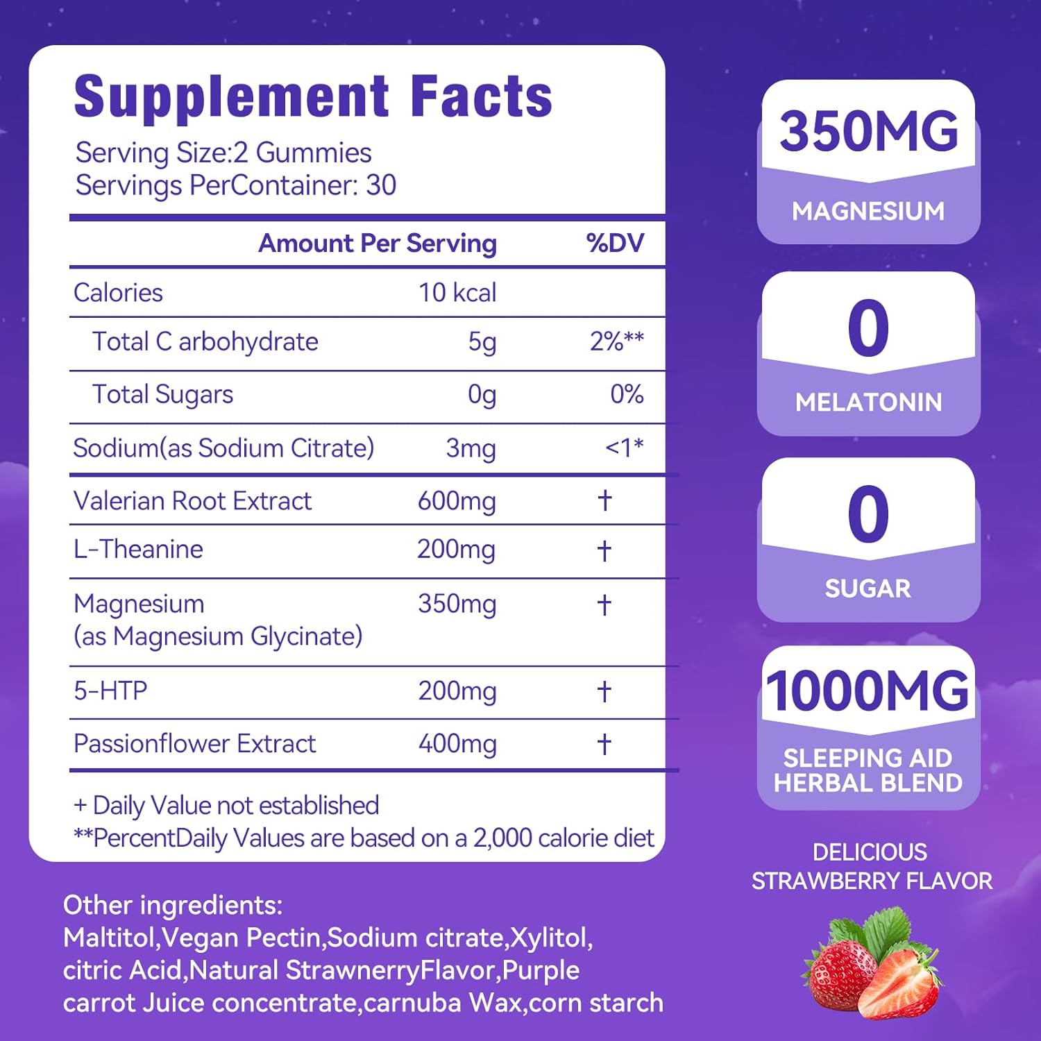 Melatonin Free Sleep Gummies for Adults with Magnesium, Valerian Root, 5-HTP & Herbal Blend - Natural Sleep Aid Supplements - Non-Habit Forming, Sugar Free, Strawberry Flavor, 60 Count (1)