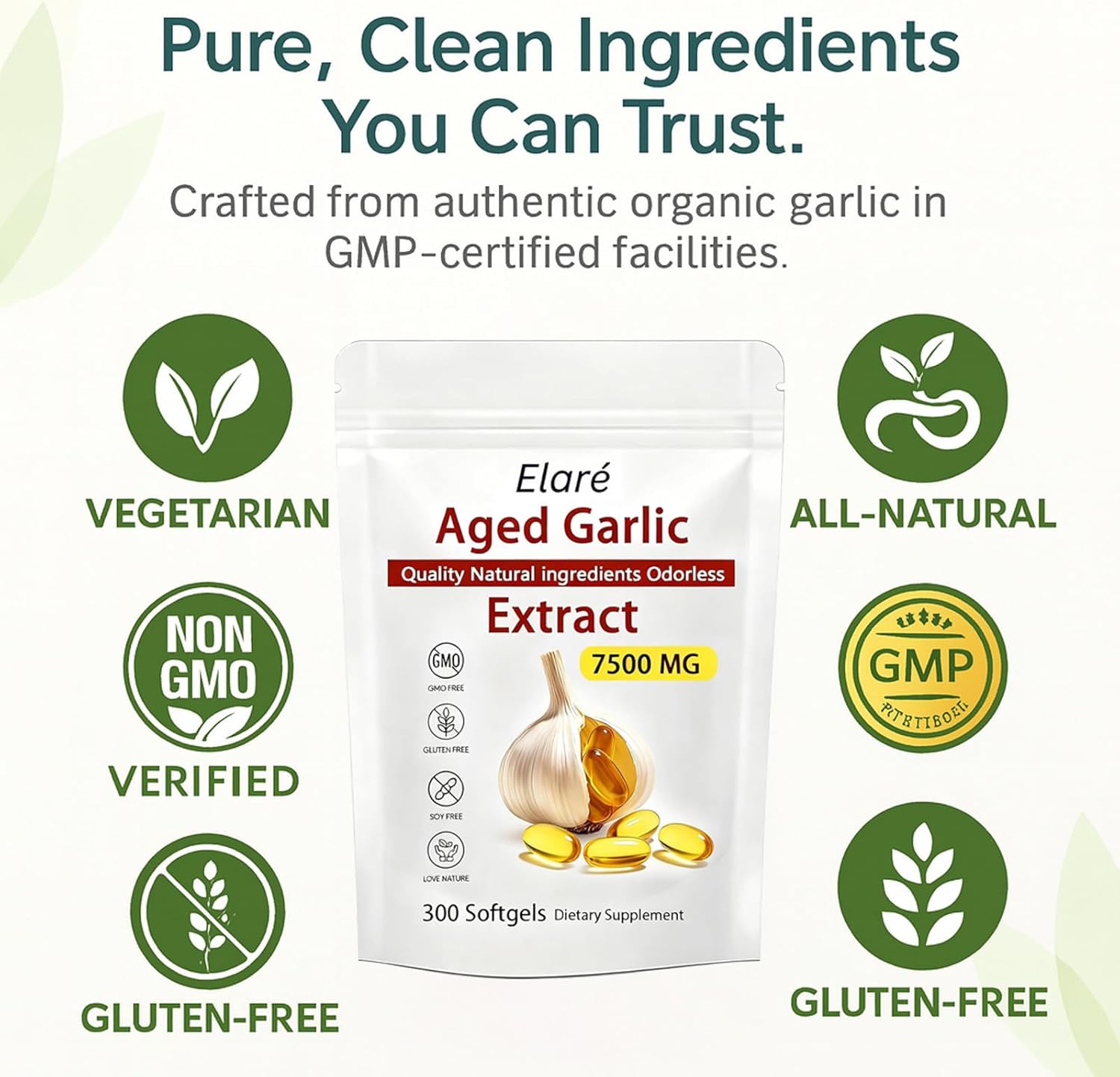 Elare Aged Garlic Extract – 300 Count 7500mg Odorless Organic Garlic Supplement for Heart & Immune Support – Vegetarian, Non-GMO, All-Natural Softgels, 2-Year Matured for Antioxidant Wellness