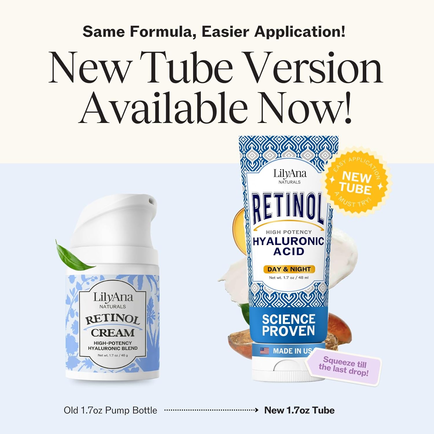 LilyAna Naturals Retinol Cream - Anti-Aging Moisturizer for Face & Neck, Made in USA, Wrinkle Reduction - 1.7oz, 2 Pack