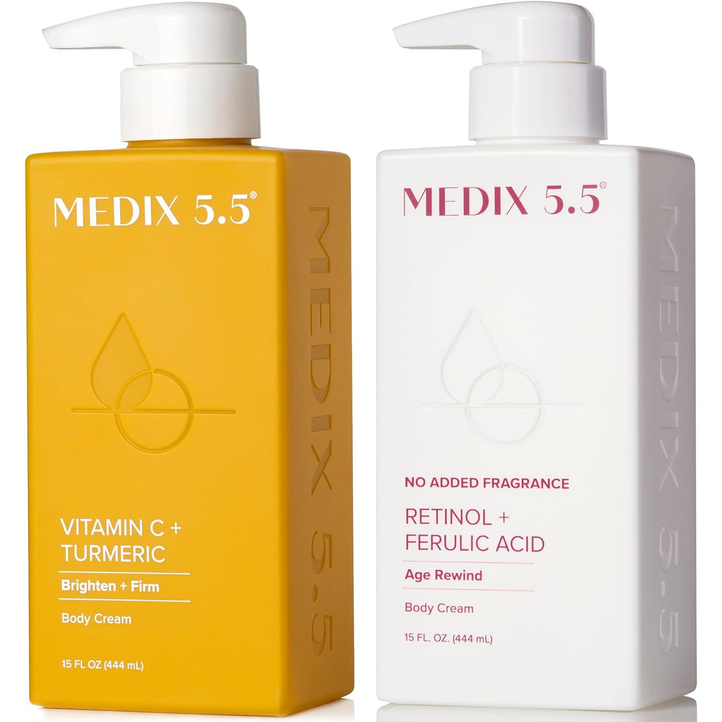 MEDIX Fragrance Free Firming Retinol Body Lotion + Brightening Vitamin C Cream 2pc Skin Care Set | Crepey Skin Care Treatment | Anti Aging Body Cream & Face Moisturizer For Crepe Skin & Dark Spots