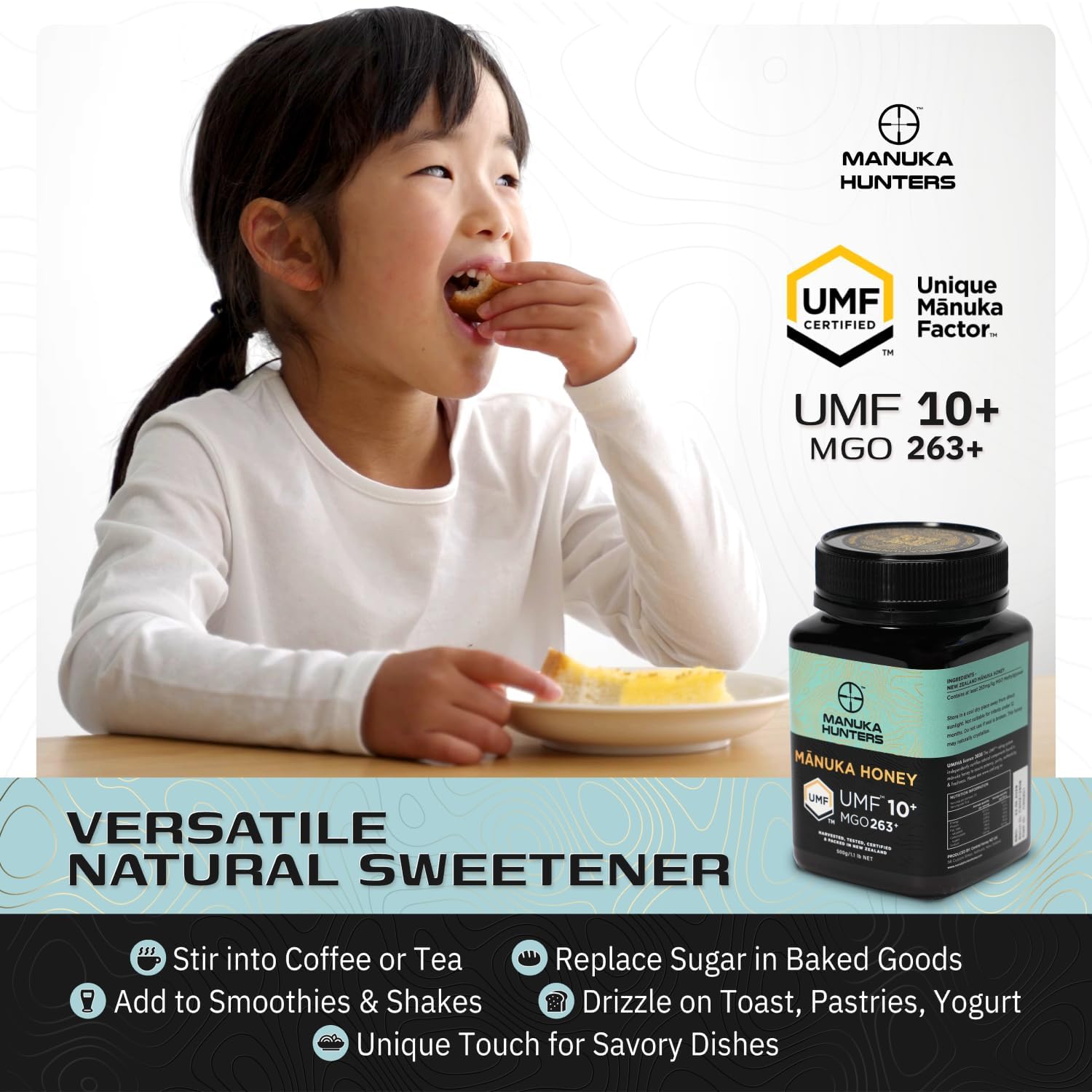 Manuka Hunters UMF 10+/MGO 263+ Certified New Zealand Manuka Honey - 100% Pure Natural Sweetener - Gluten, Dairy Free - Ideal for Tea, Coffee, Smoothies, and Baking - Sustainable - 1.1lb/500g Jar