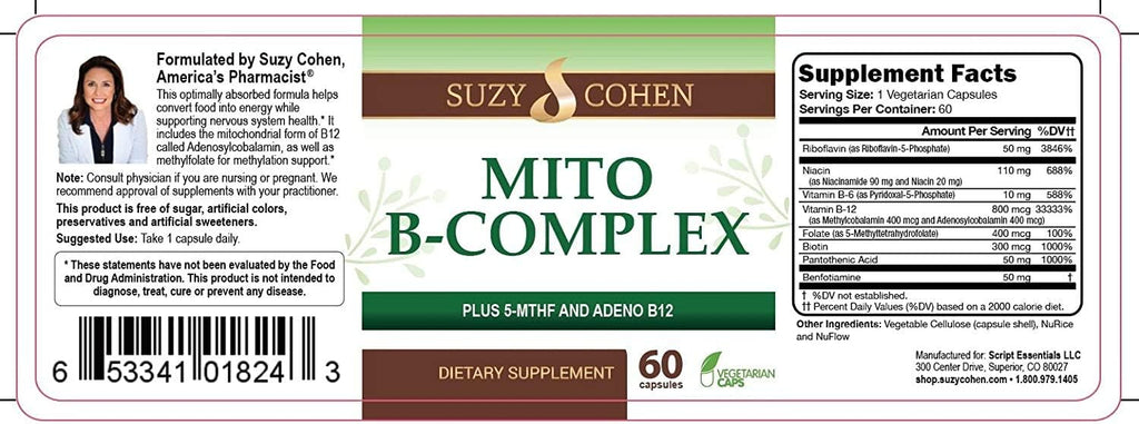 Suzy Cohen, Mito B Complex Dietary Supplement, 5-MTHF, Adeno B12, Methylation Support, Supports Healthy Nervous System, Boost Energy, Vitamin B, 60 Servings